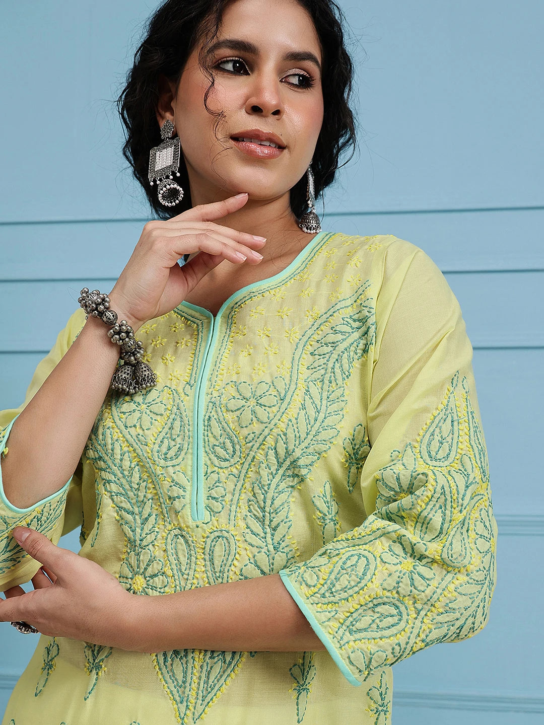 Ada Hand Embroidered Lemon Cotton Lucknowi Chikankari Straight Kurta A253593