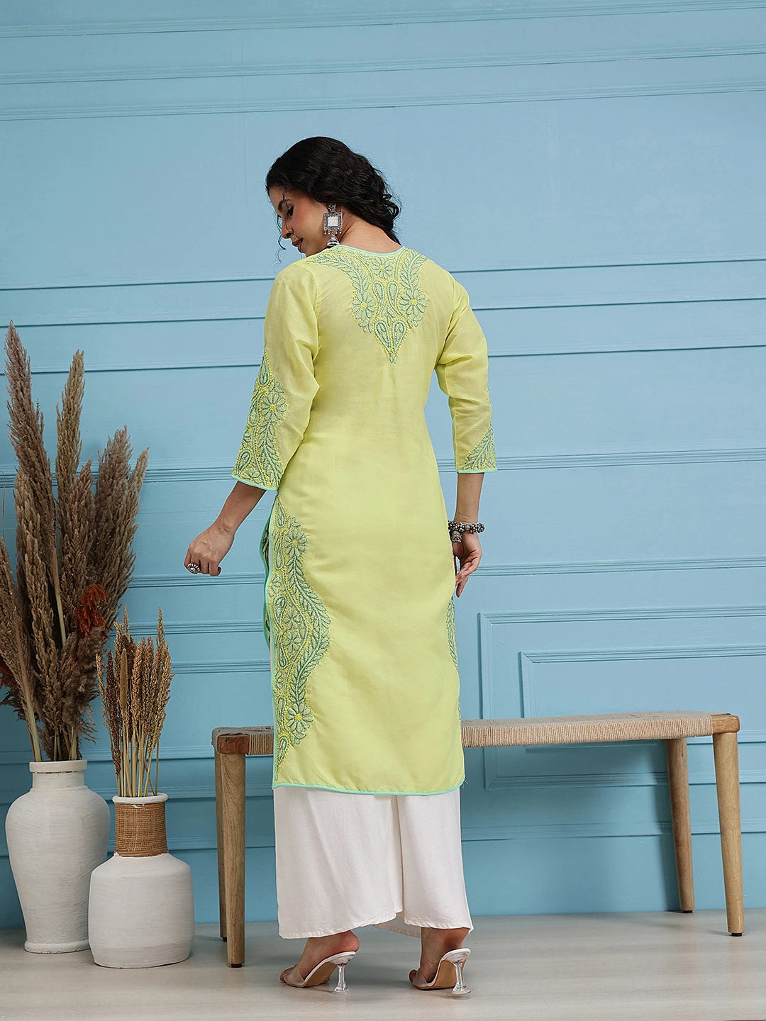 Ada Hand Embroidered Lemon Cotton Lucknowi Chikankari Straight Kurta A253593