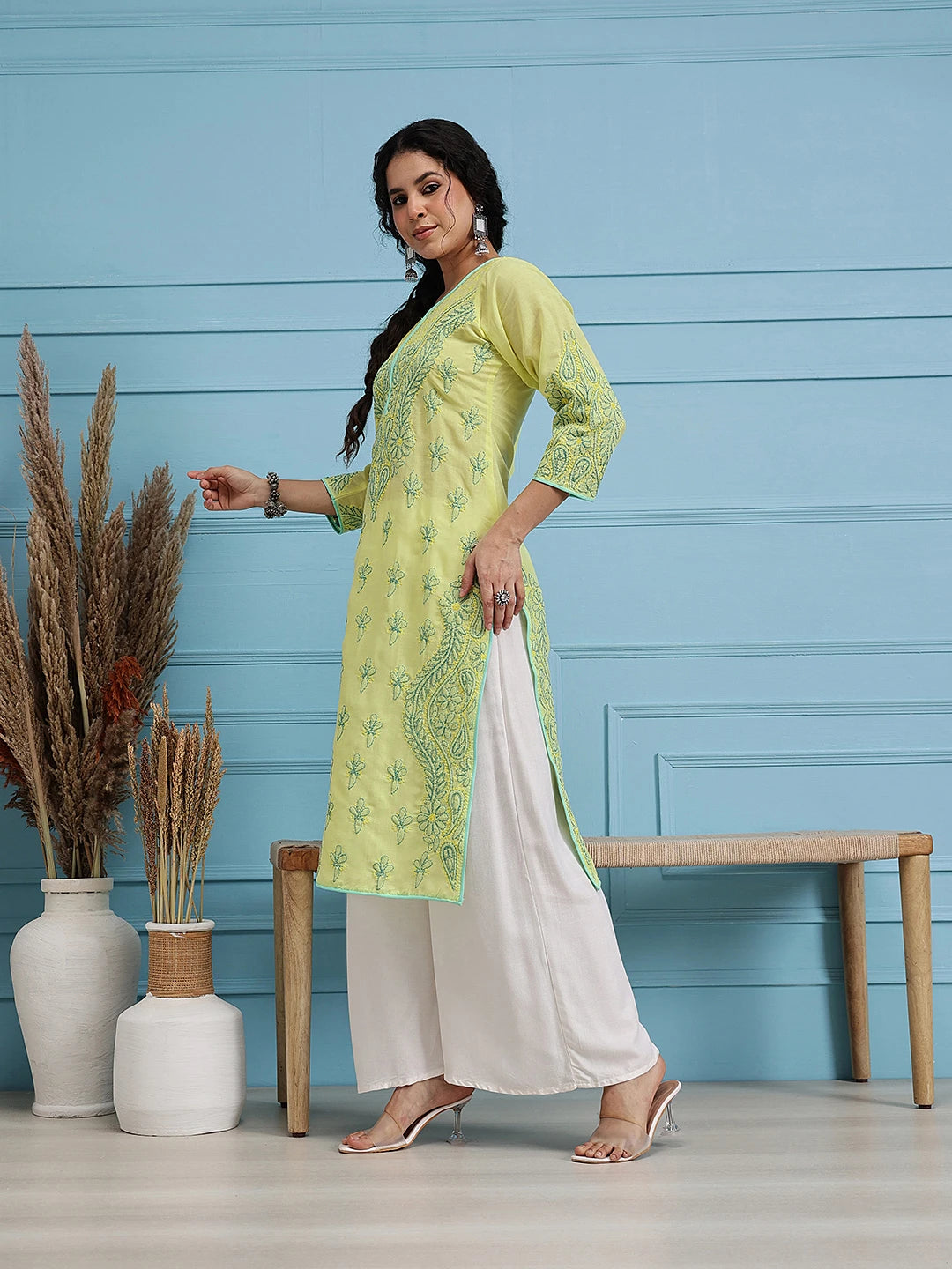 Ada Hand Embroidered Lemon Cotton Lucknowi Chikankari Straight Kurta A253593