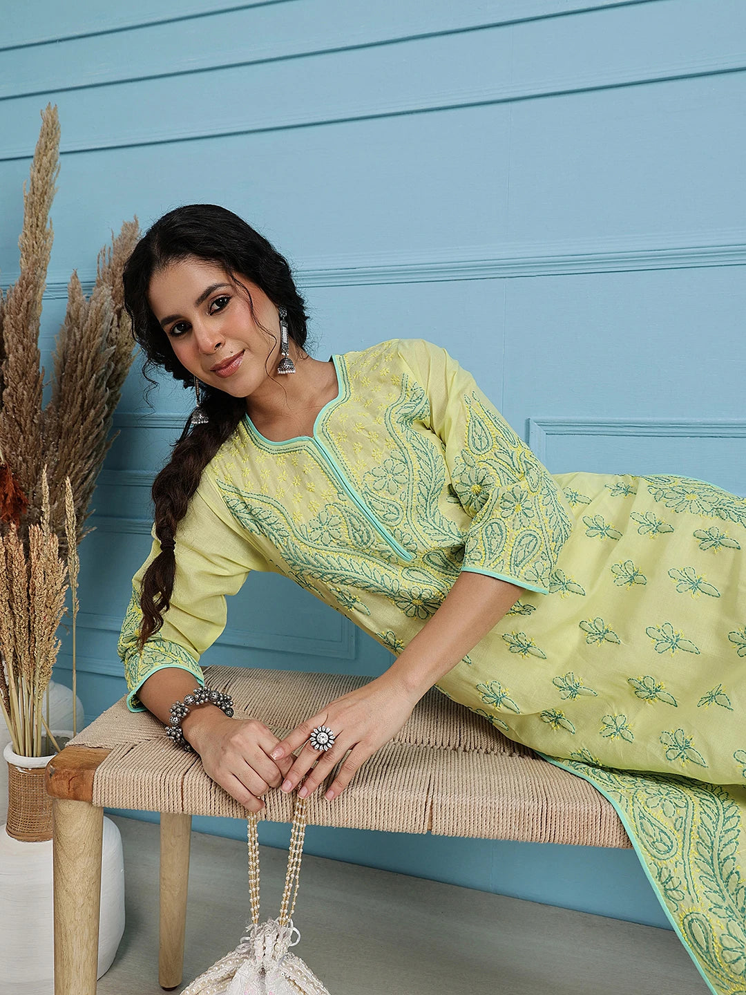 Ada Hand Embroidered Lemon Cotton Lucknowi Chikankari Straight Kurta A253593
