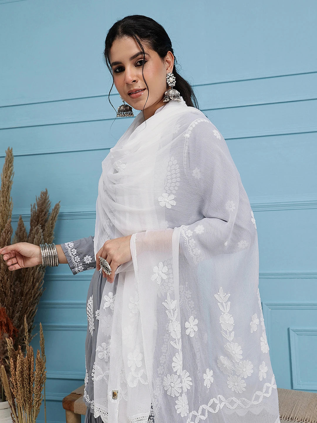 Ada Hand Embroidered White Chiffon Lucknowi Chikankari Dupatta-A511182
