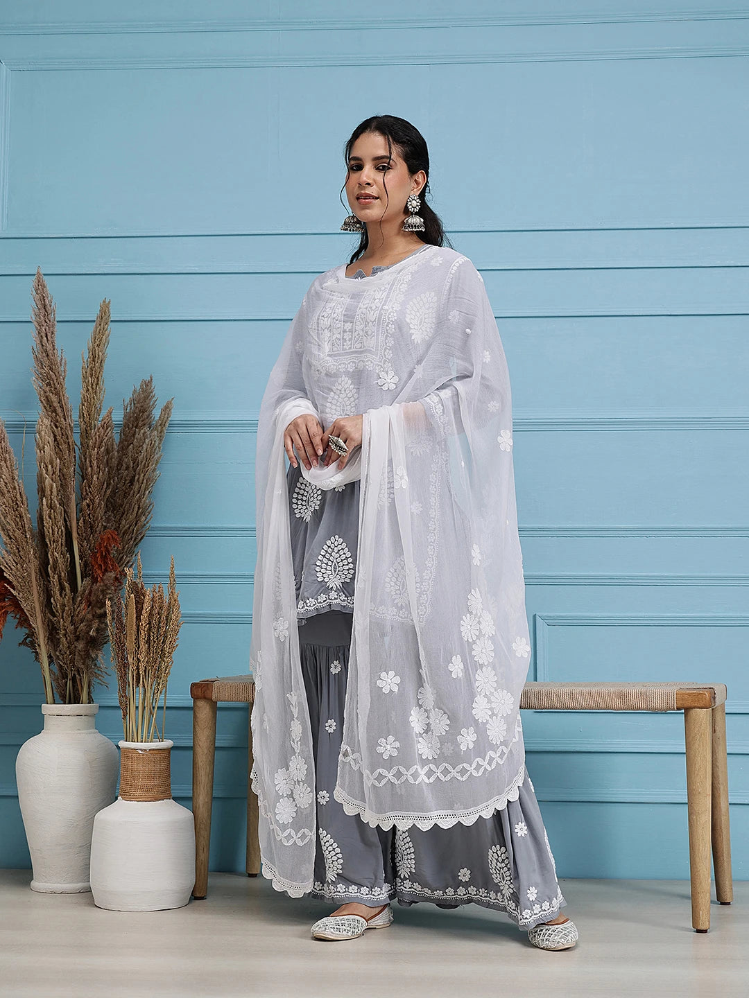 Ada Hand Embroidered White Chiffon Lucknowi Chikankari Dupatta-A511182