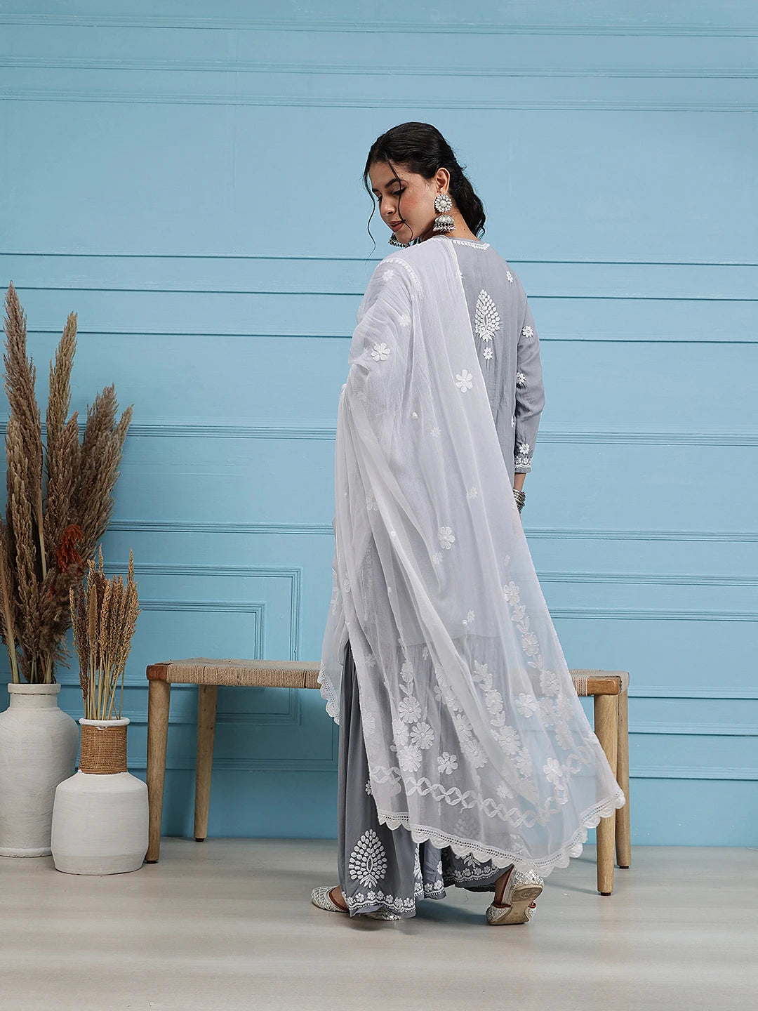 Ada Hand Embroidered White Chiffon Lucknowi Chikankari Dupatta-A511182
