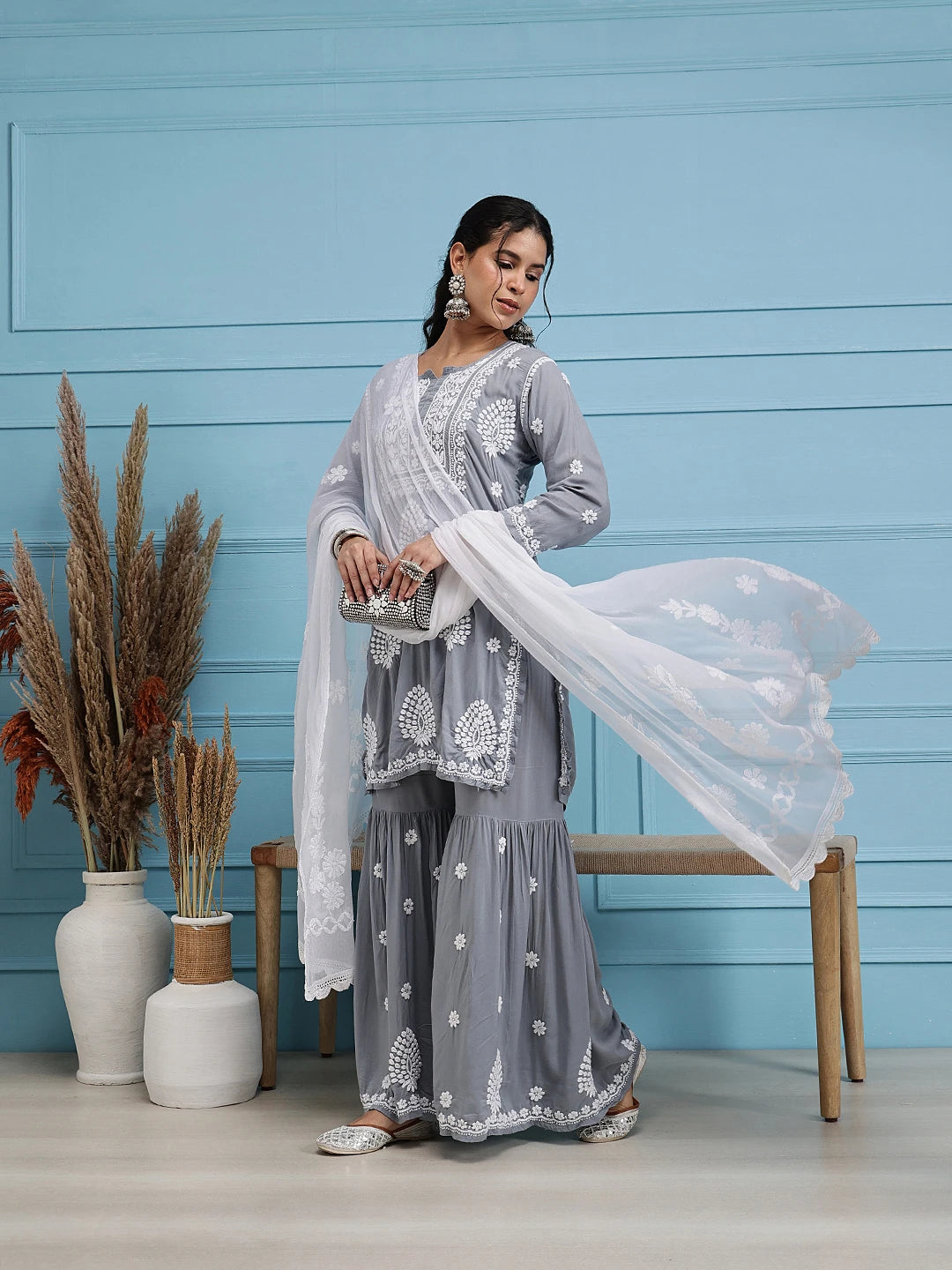 Ada Hand Embroidered White Chiffon Lucknowi Chikankari Dupatta-A511182