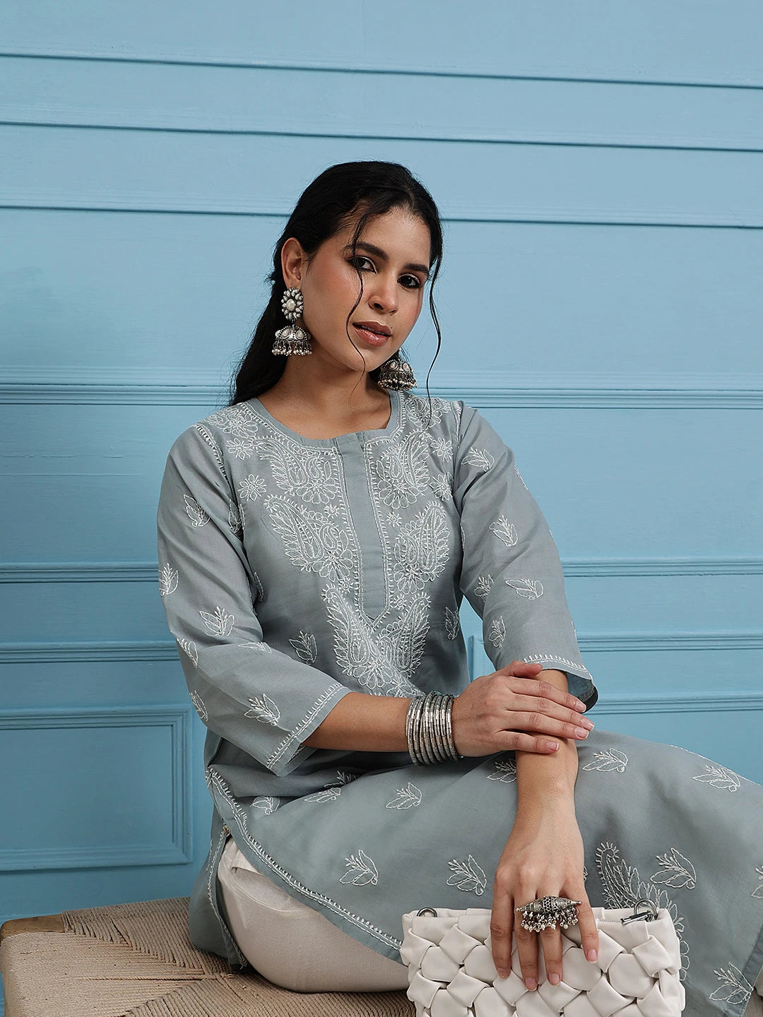 Ada Hand Embroidered Grey Cotton Lucknowi Chikan Straight Kurta A411385