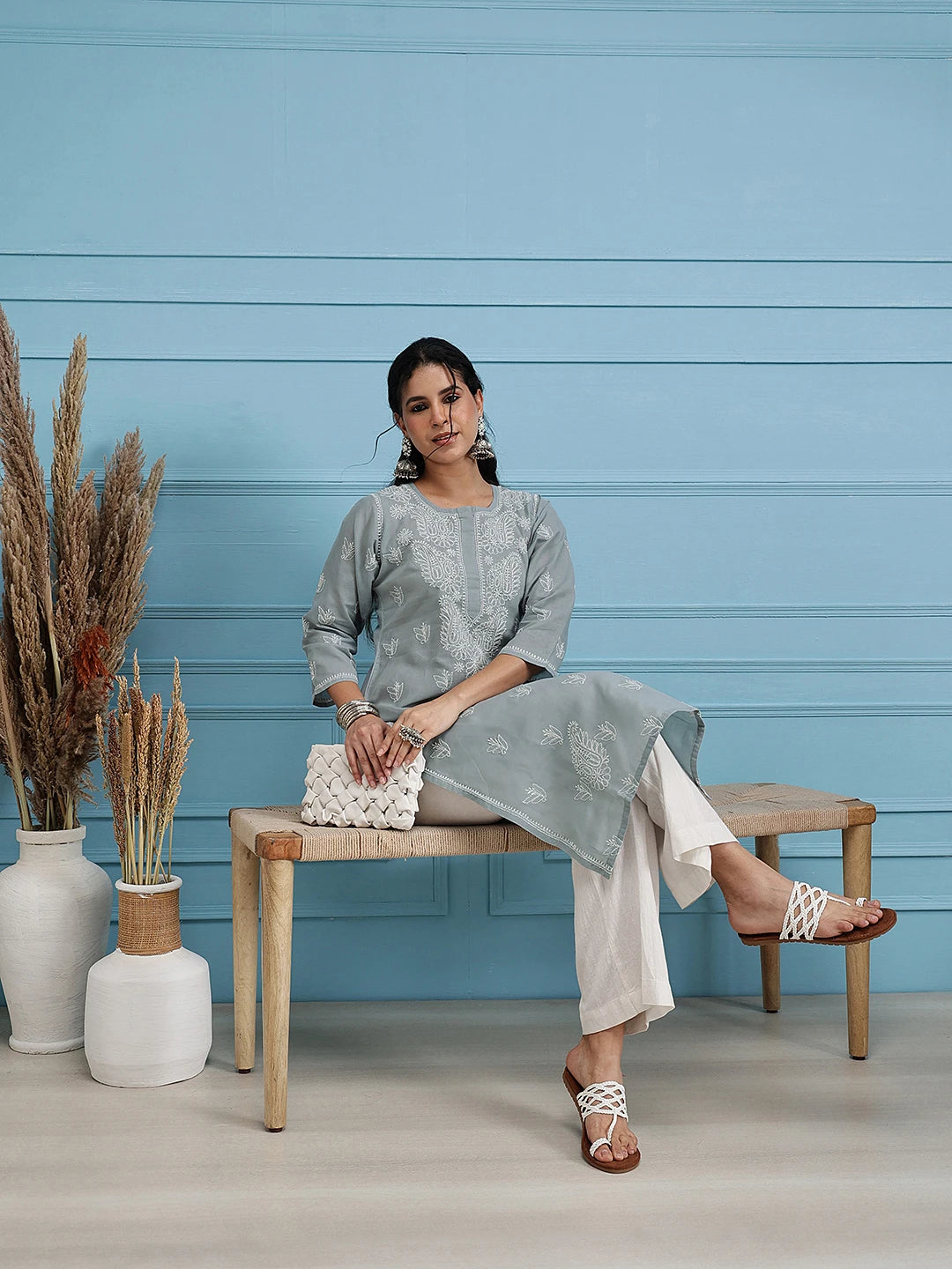 Ada Hand Embroidered Grey Cotton Lucknowi Chikan Straight Kurta A411385