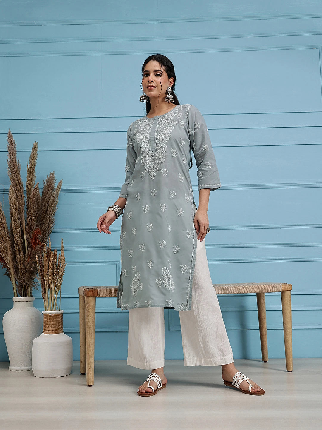 Ada Hand Embroidered Grey Cotton Lucknowi Chikan Straight Kurta A411385