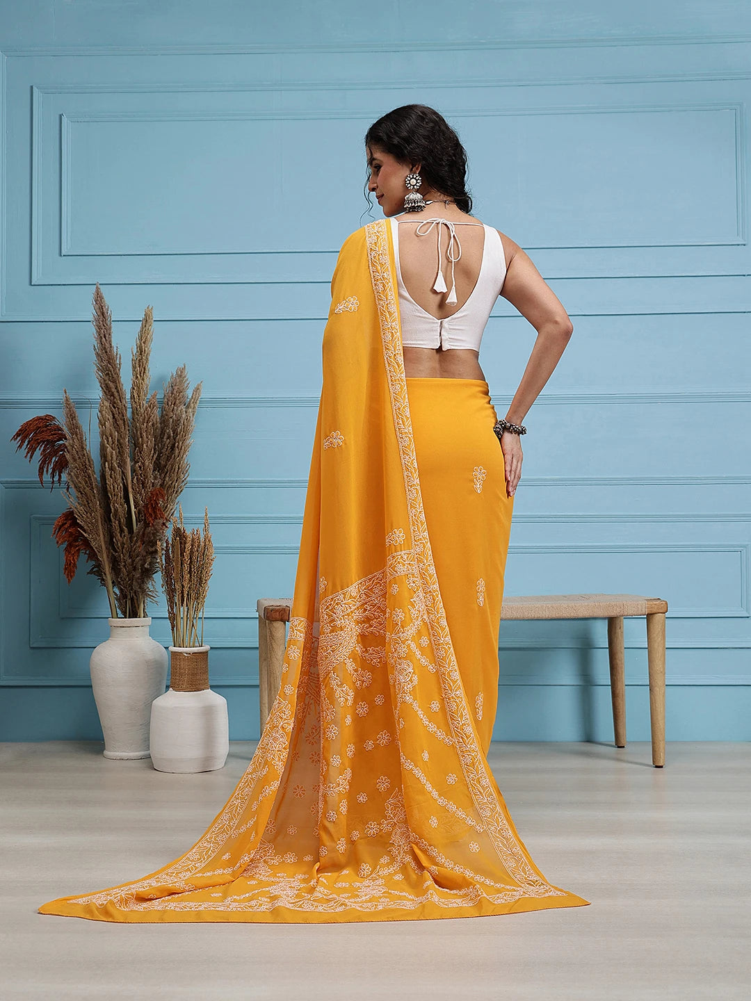 Ada Hand Embroidered Mustard Georgette Lucknowi Chikankari Saree With Blouse A183228