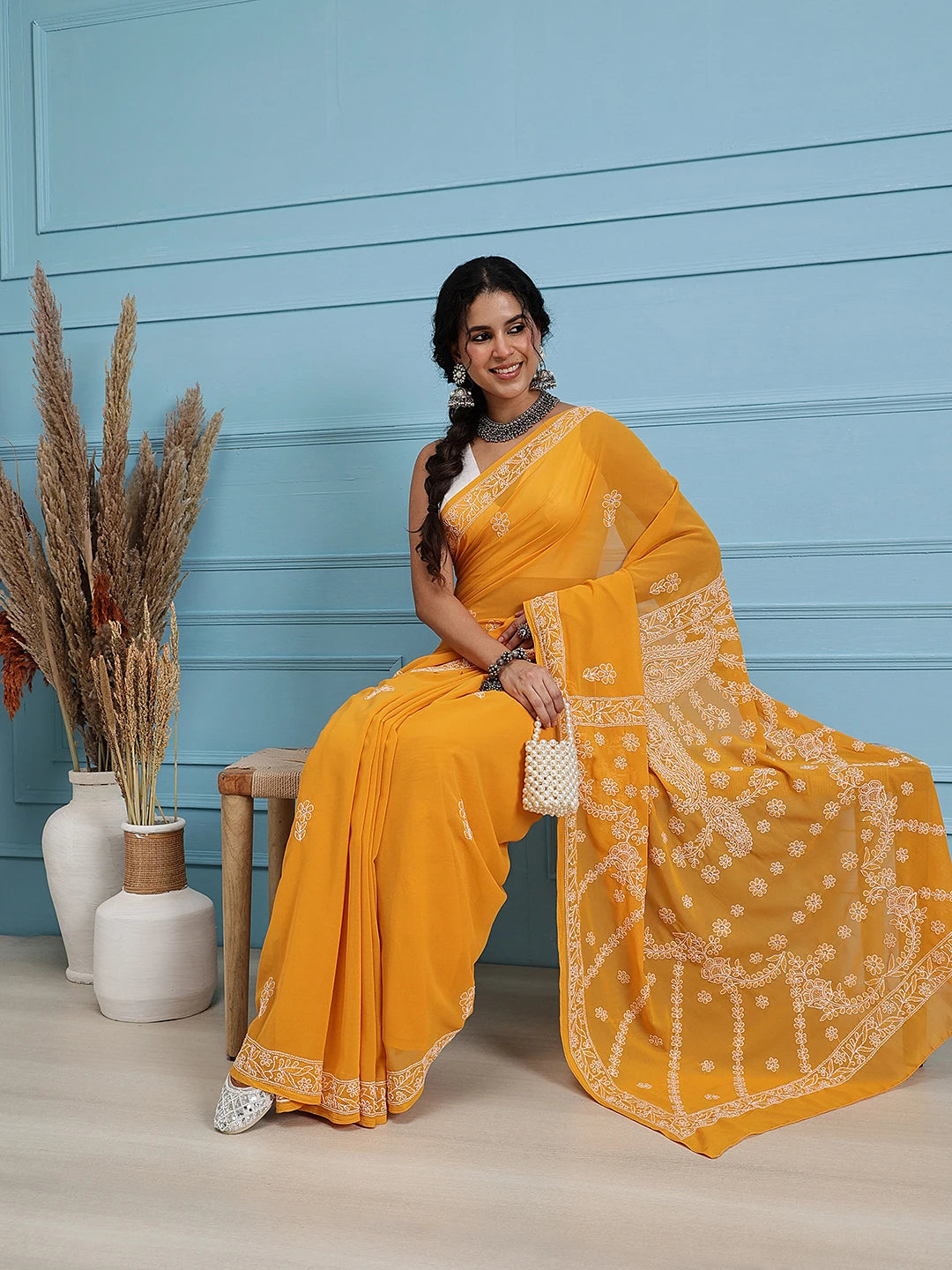 Ada Hand Embroidered Mustard Georgette Lucknowi Chikankari Saree With Blouse A183228