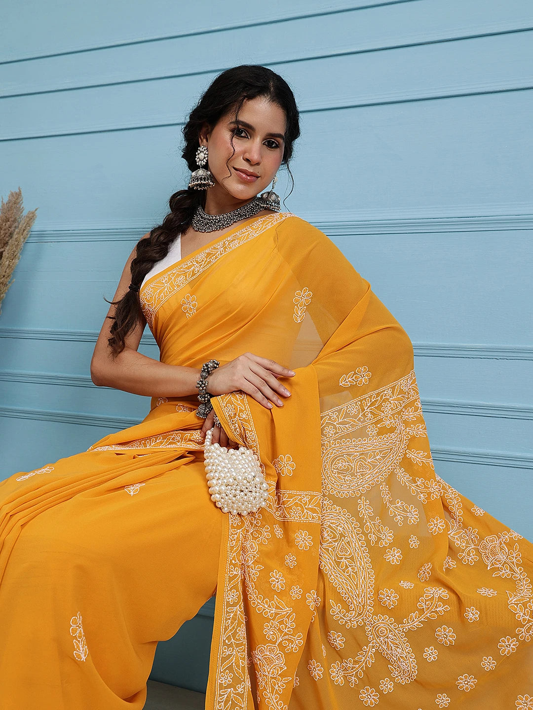 Ada Hand Embroidered Mustard Georgette Lucknowi Chikankari Saree With Blouse A183228