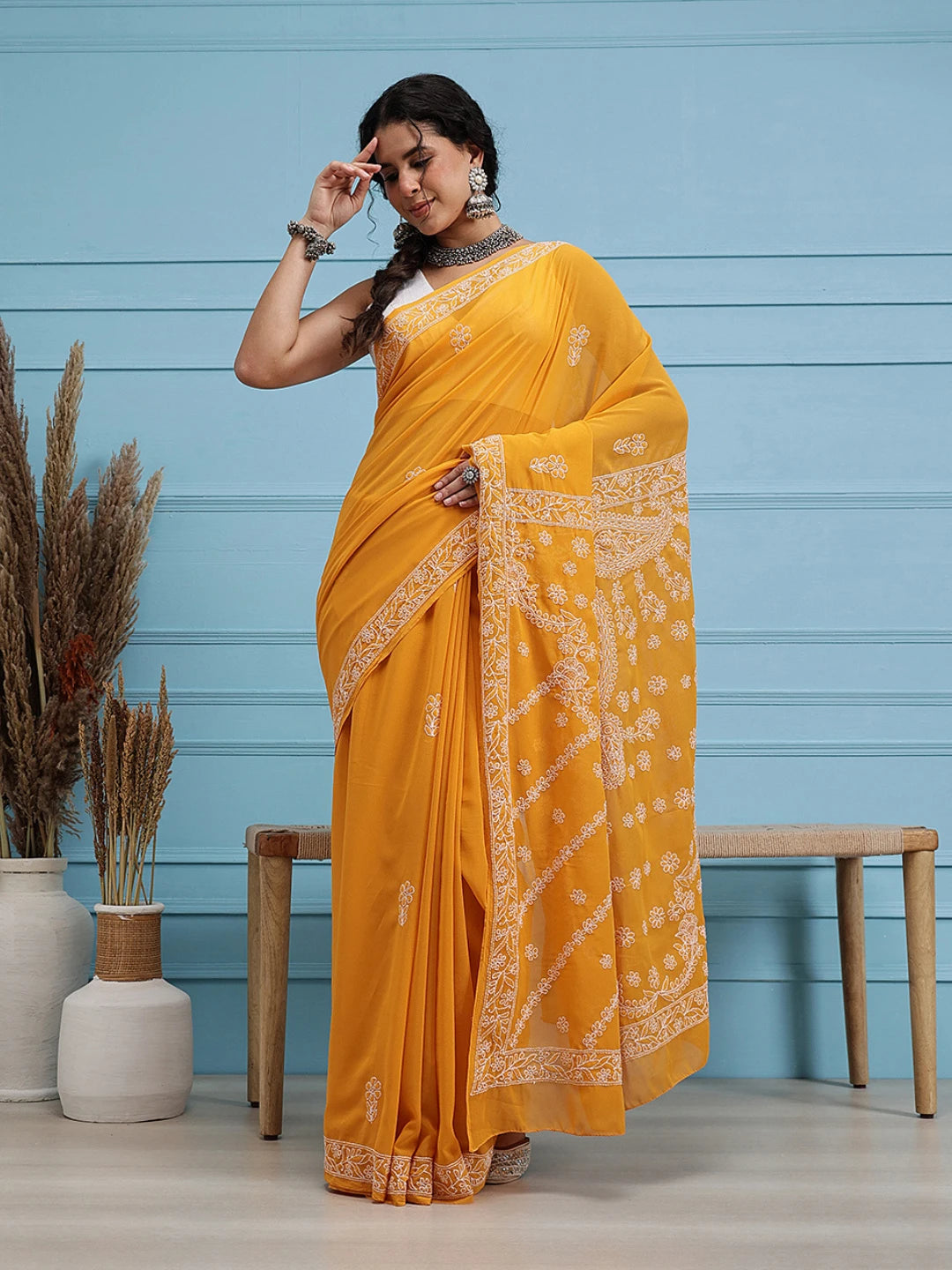 Ada Hand Embroidered Mustard Georgette Lucknowi Chikankari Saree With Blouse A183228