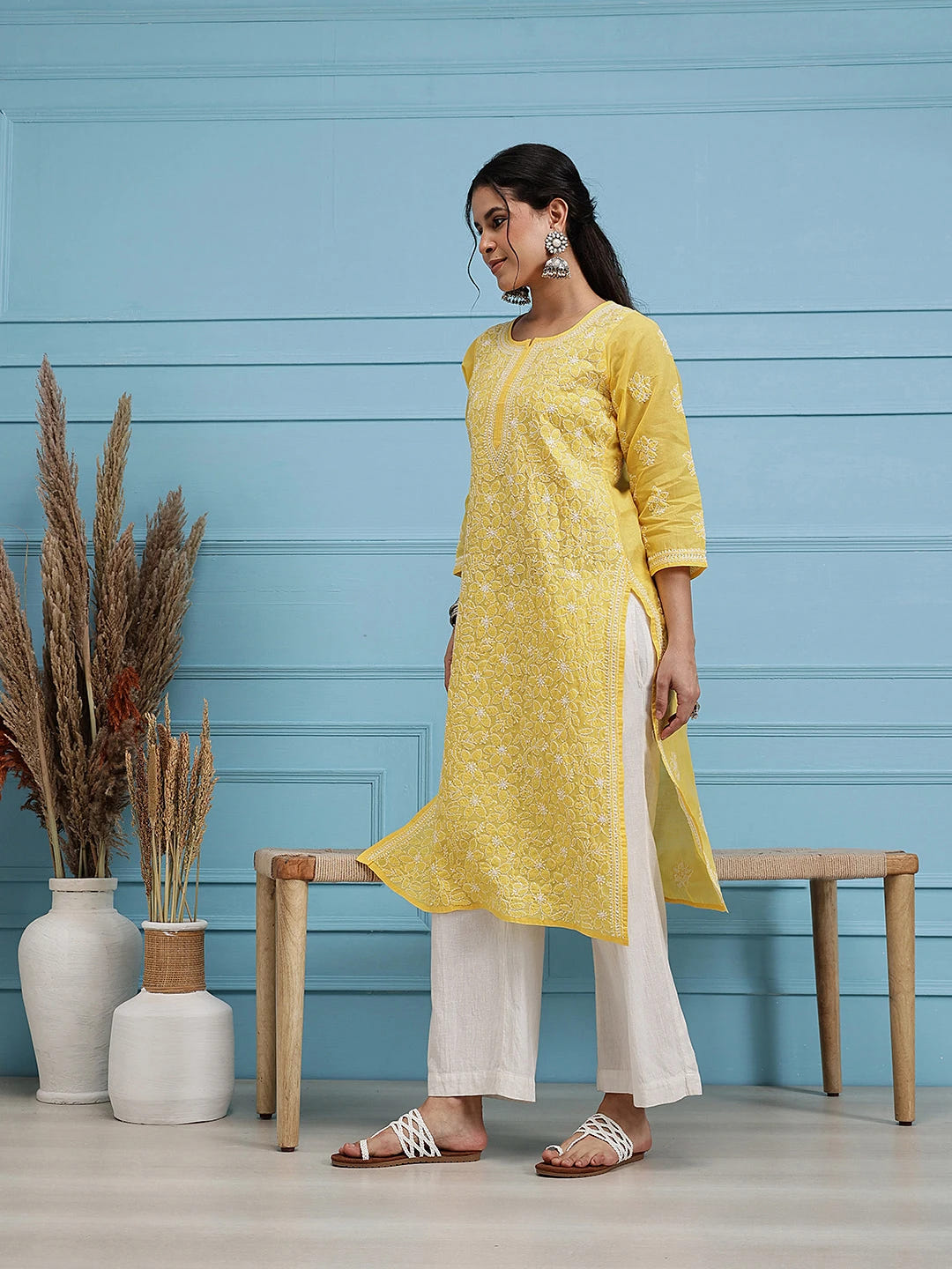 Ada Hand Embroidered Yellow Cotton Lucknowi Chikankari Straight Kurta A411345