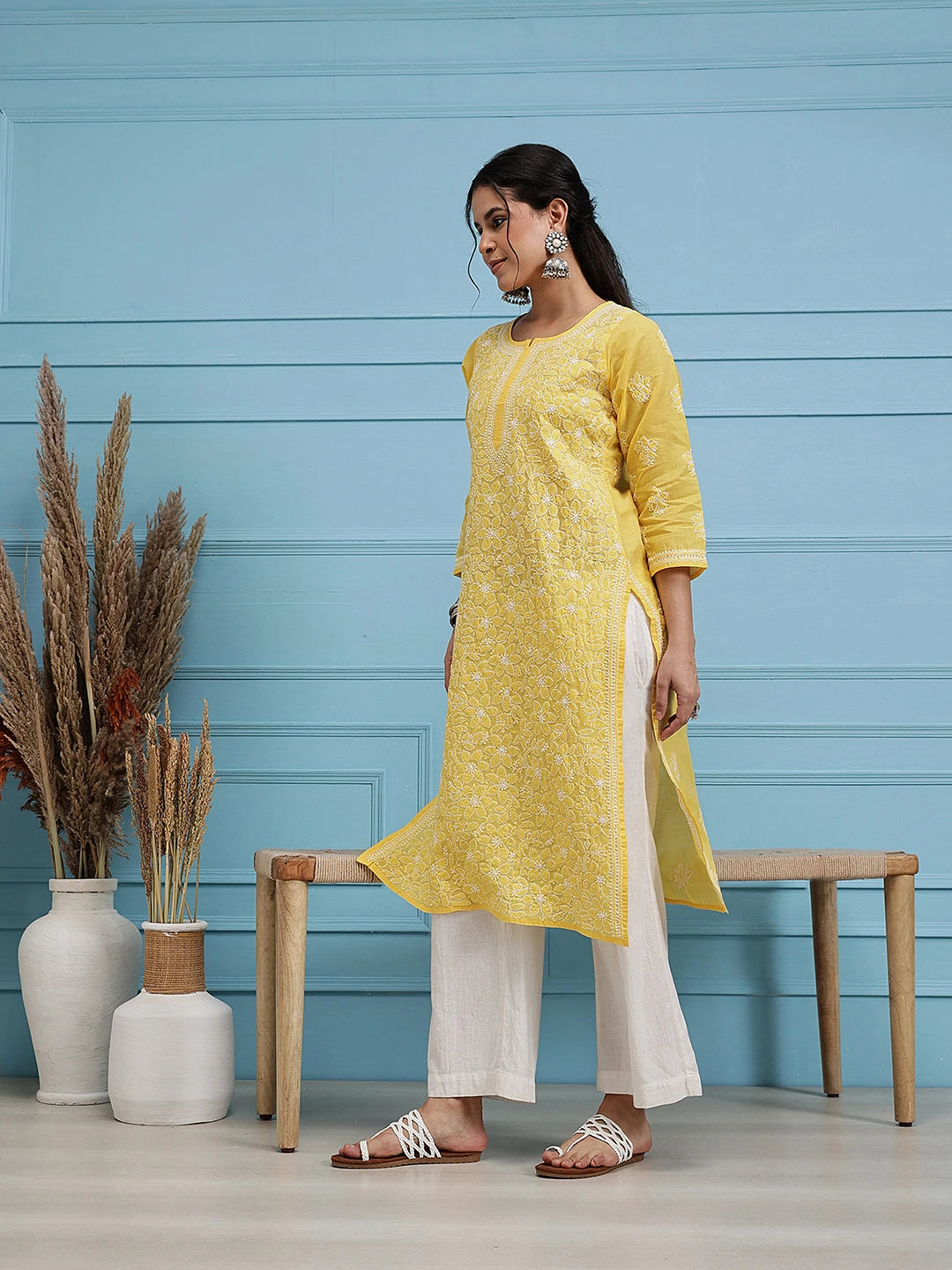 Ada Hand Embroidered Yellow Cotton Lucknowi Chikankari Straight Kurta A411345