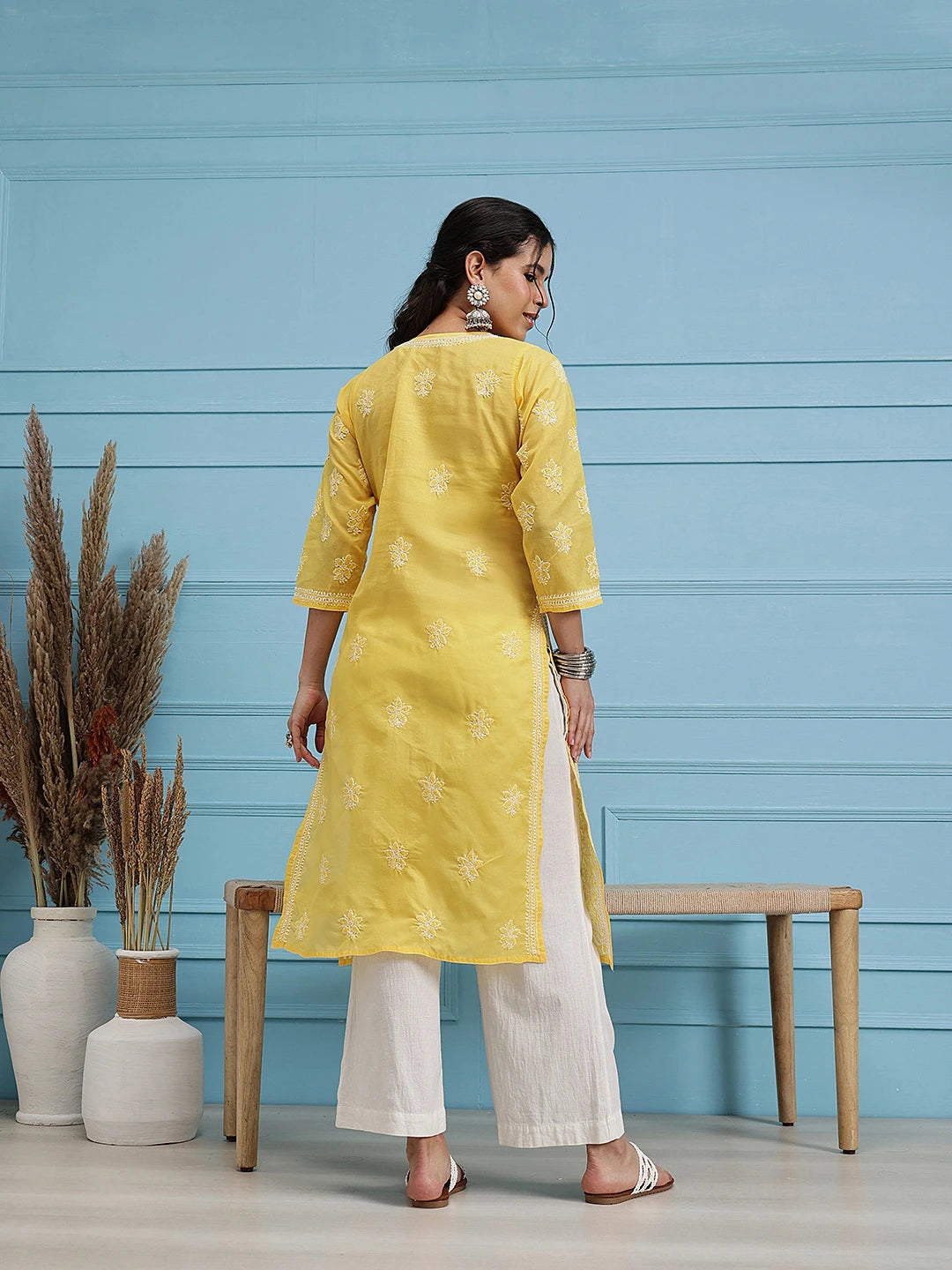 Ada Hand Embroidered Yellow Cotton Lucknowi Chikankari Straight Kurta A411345