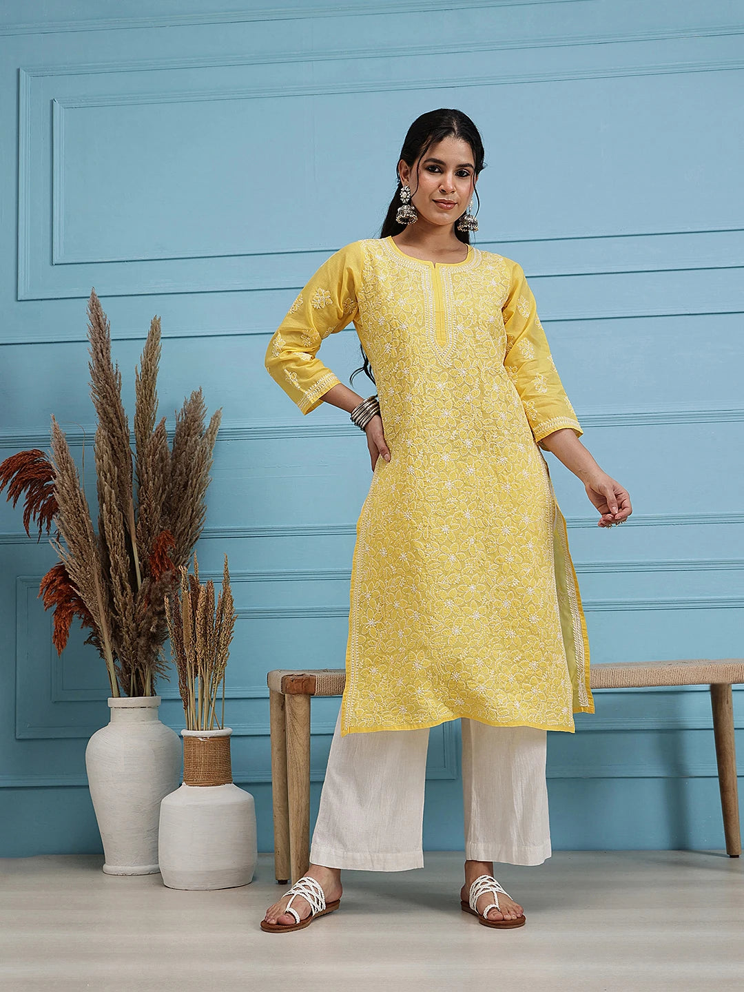 Ada Hand Embroidered Yellow Cotton Lucknowi Chikankari Straight Kurta A411345