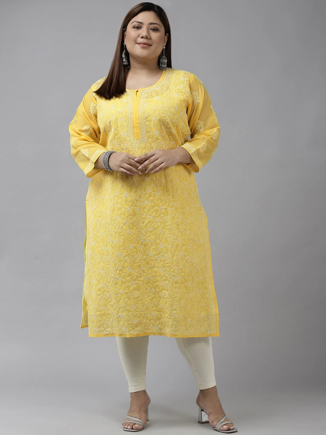 Ada Hand Embroidered Yellow Cotton Lucknowi Chikankari Straight Kurta A411345