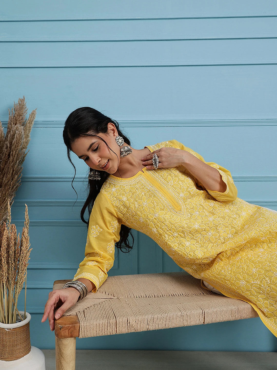 Ada Hand Embroidered Yellow Cotton Lucknowi Chikankari Straight Kurta A411345