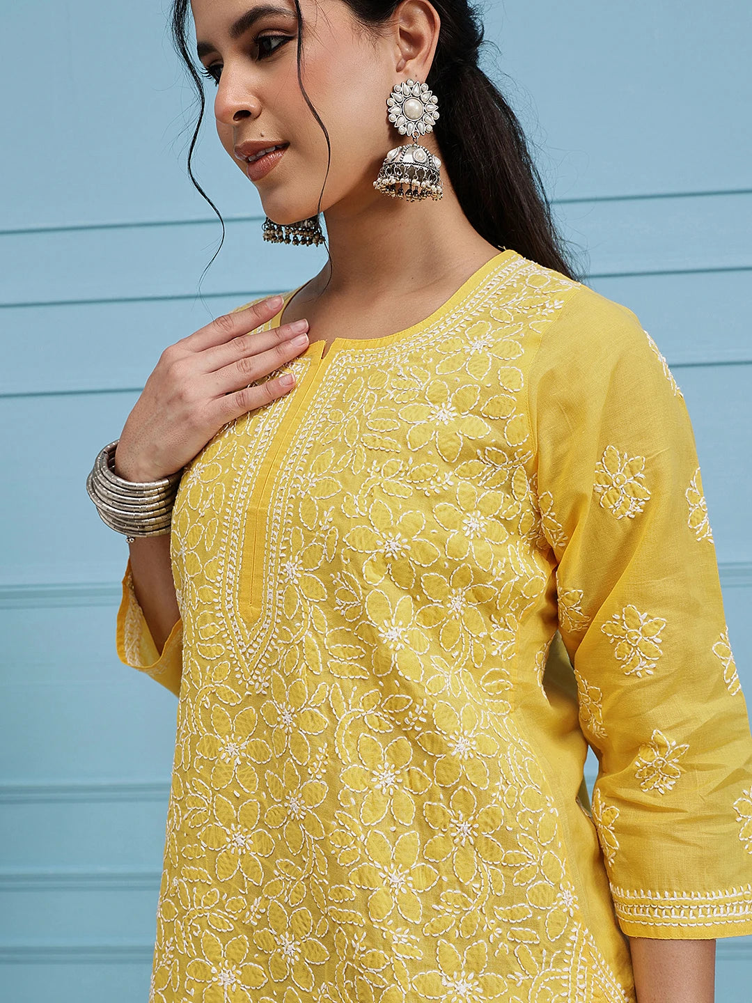 Ada Hand Embroidered Yellow Cotton Lucknowi Chikankari Straight Kurta A411345
