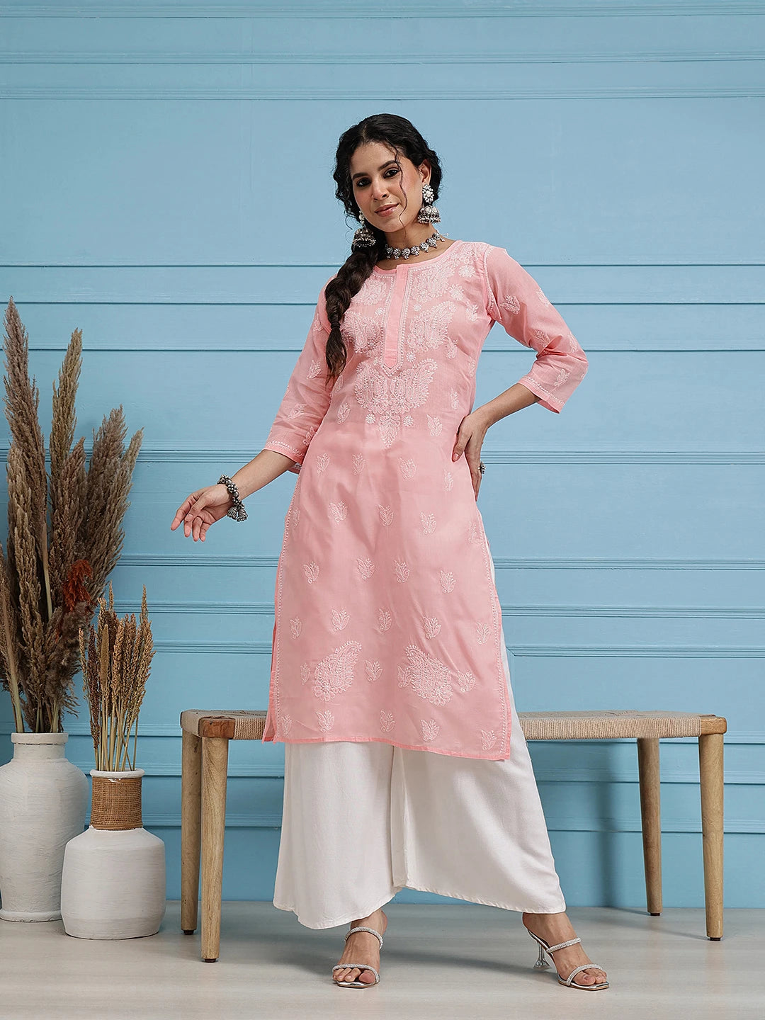 Ada Hand Embroidered Light Peach Cotton Lucknow Chikankari Straight Kurta A411398