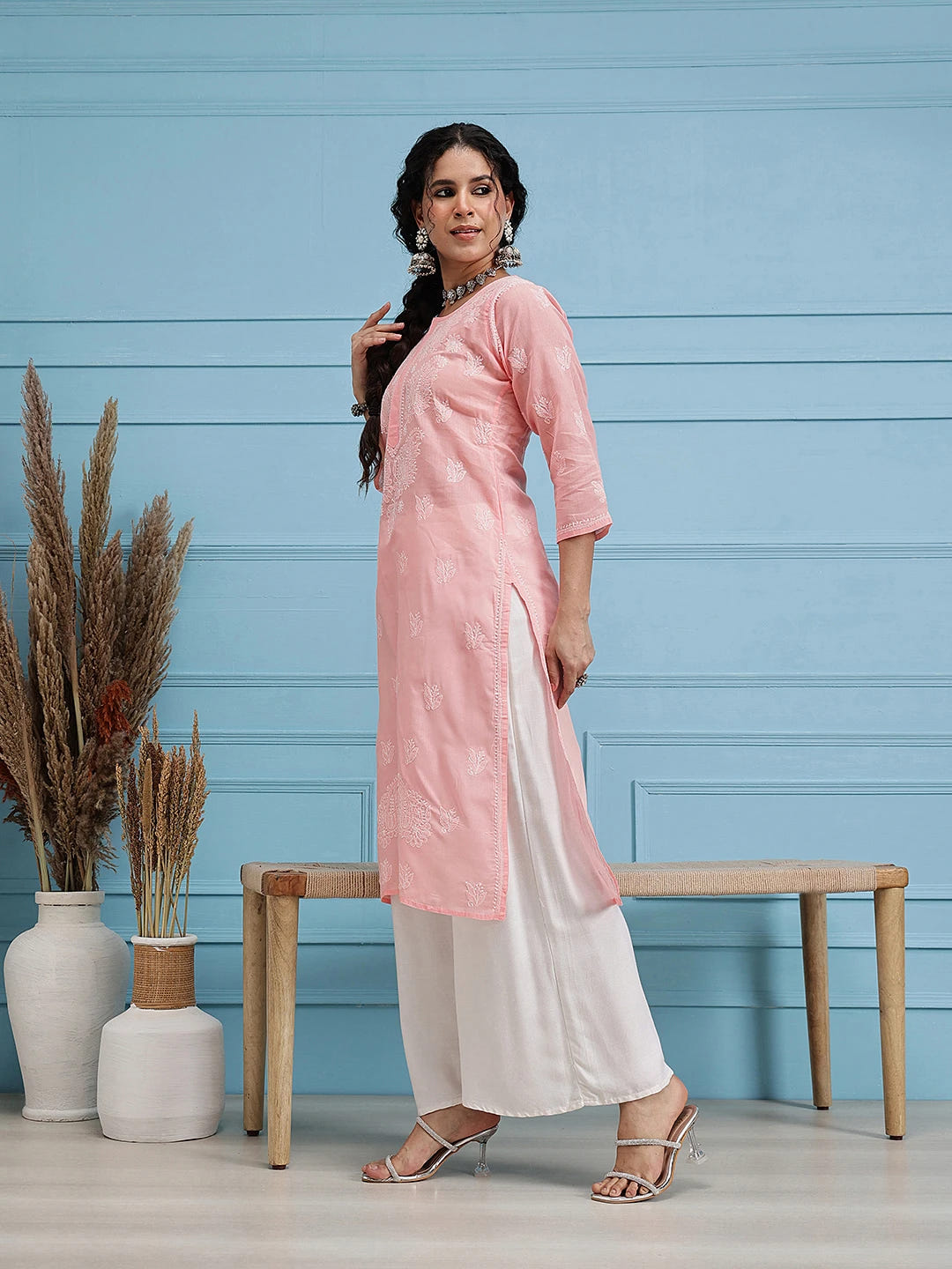 Ada Hand Embroidered Light Peach Cotton Lucknow Chikankari Straight Kurta A411398
