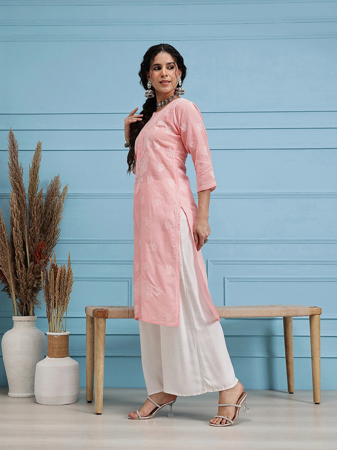 Ada Hand Embroidered Light Peach Cotton Lucknow Chikankari Straight Kurta A411398