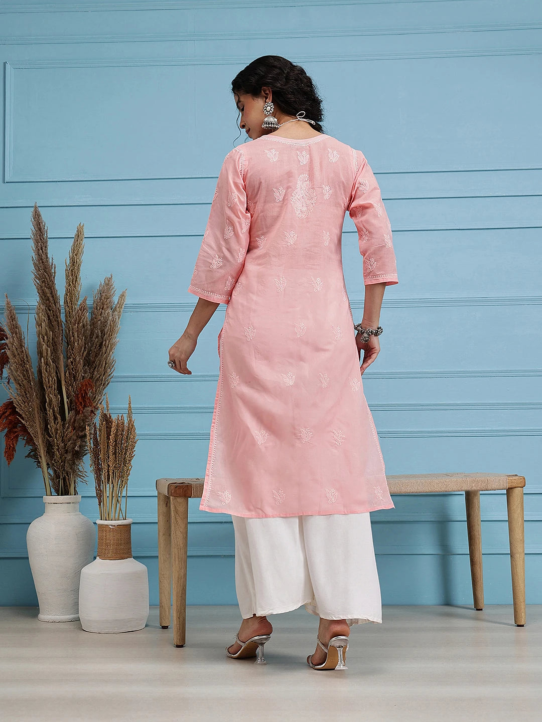 Ada Hand Embroidered Light Peach Cotton Lucknow Chikankari Straight Kurta A411398