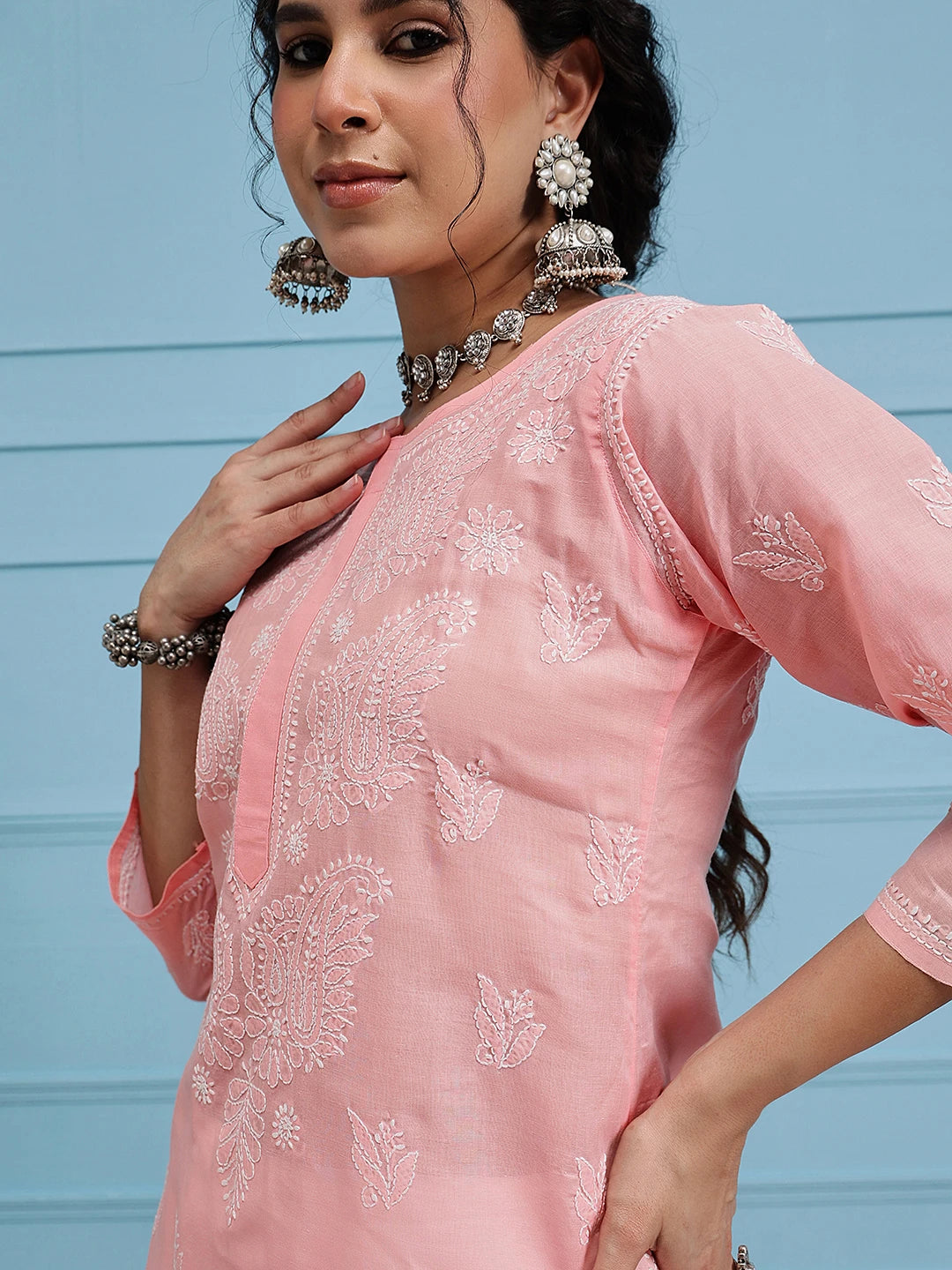 Ada Hand Embroidered Light Peach Cotton Lucknow Chikankari Straight Kurta A411398