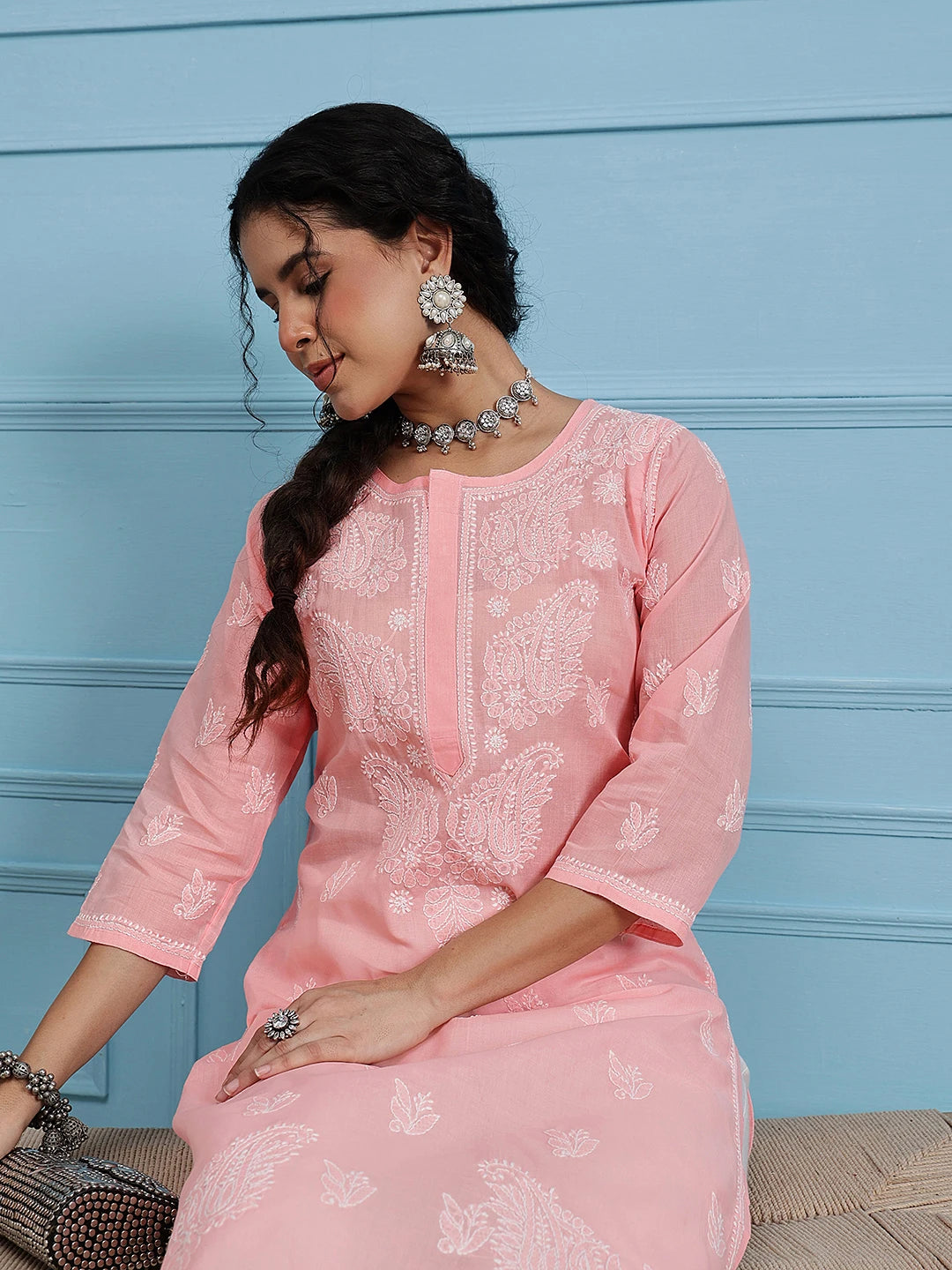 Ada Hand Embroidered Light Peach Cotton Lucknow Chikankari Straight Kurta A411398