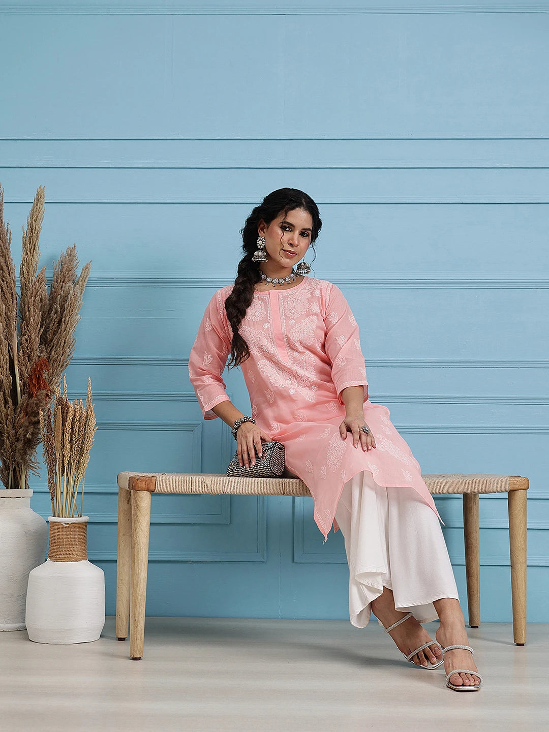 Ada Hand Embroidered Light Peach Cotton Lucknow Chikankari Straight Kurta A411398