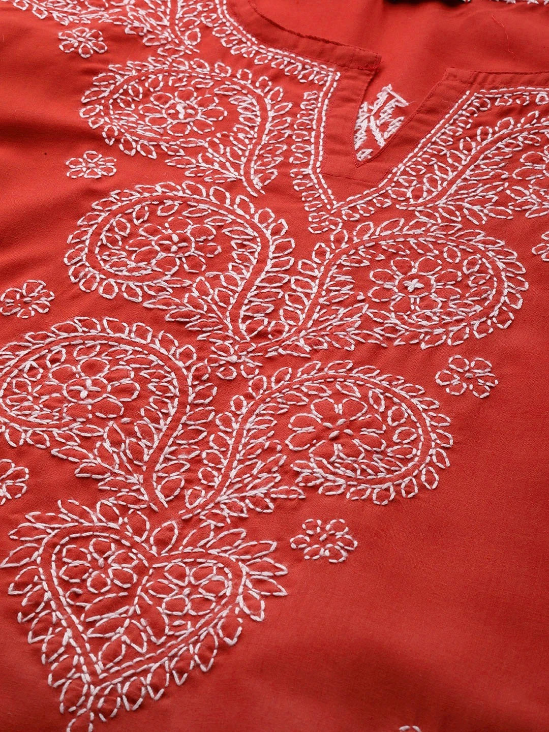 Ada Hand Embroidered Red Cotton Lucknowi Chikankari Straight Kurta A100353