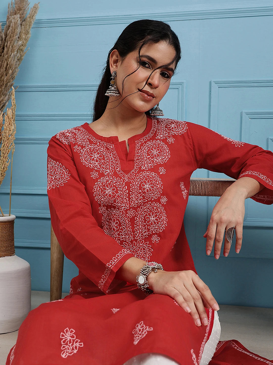 Ada Hand Embroidered Red Cotton Lucknowi Chikankari Straight Kurta A100353