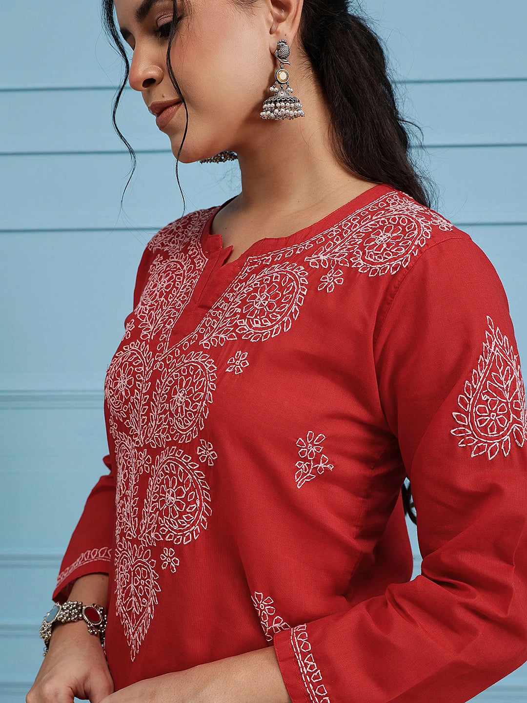 Ada Hand Embroidered Red Cotton Lucknowi Chikankari Straight Kurta A100353