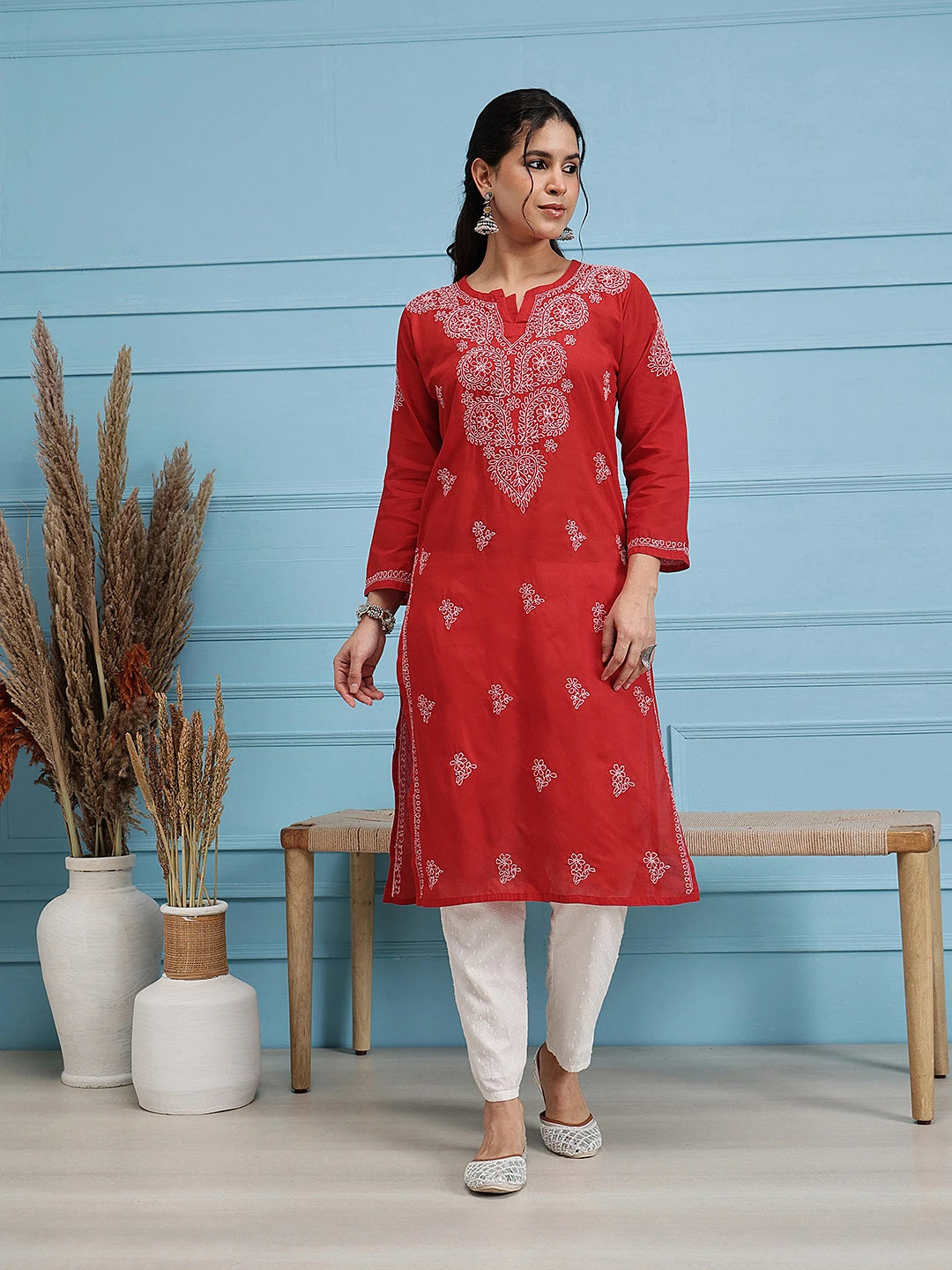 Ada Hand Embroidered Red Cotton Lucknowi Chikankari Straight Kurta A100353