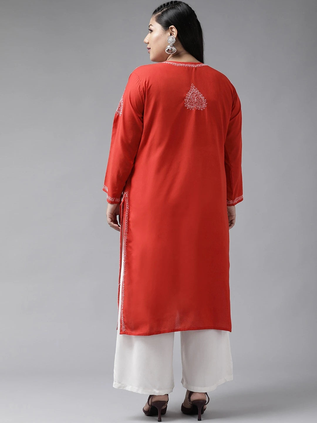 Ada Hand Embroidered Red Cotton Lucknowi Chikankari Straight Kurta A100353