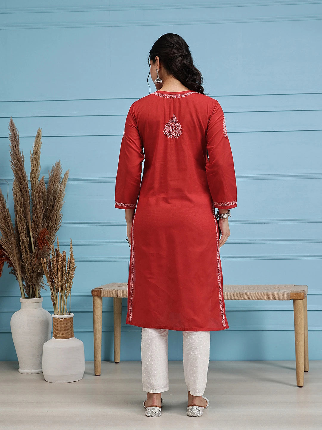 Ada Hand Embroidered Red Cotton Lucknowi Chikankari Straight Kurta A100353