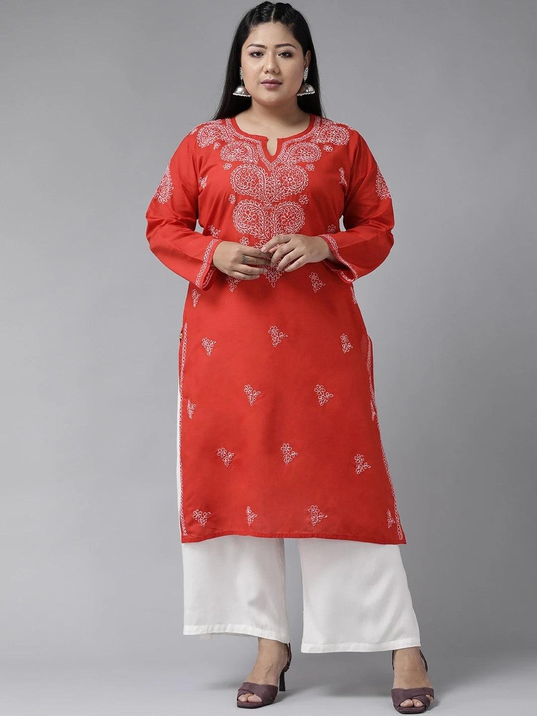 Ada Hand Embroidered Red Cotton Lucknowi Chikankari Straight Kurta A100353