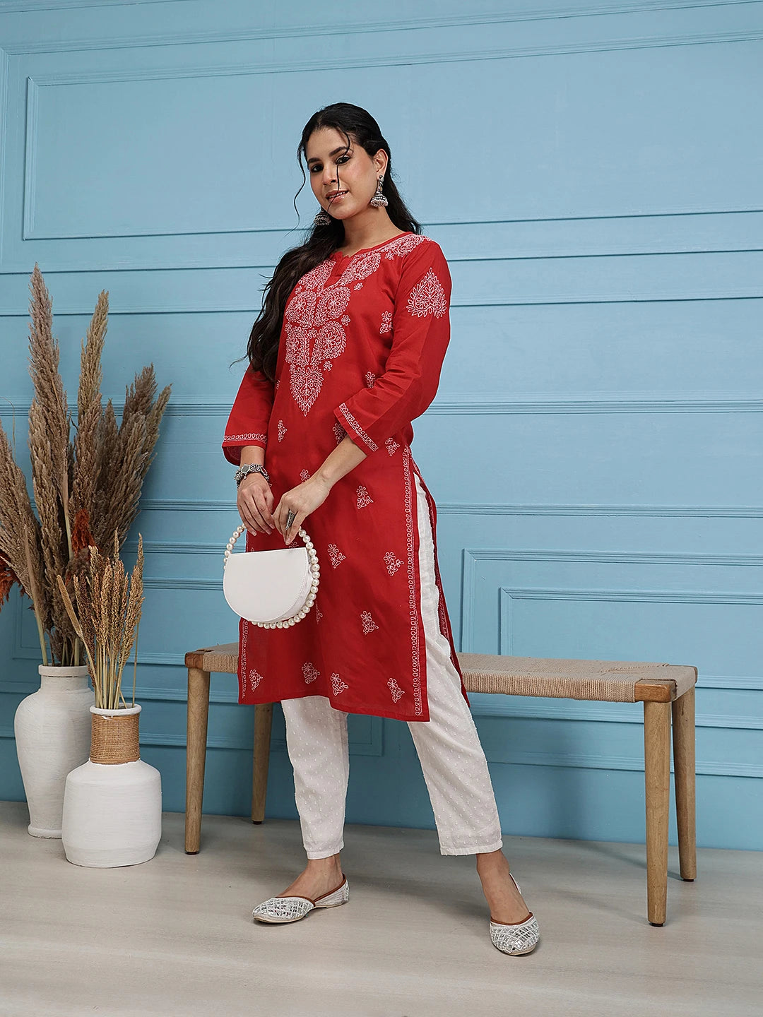 Ada Hand Embroidered Red Cotton Lucknowi Chikankari Straight Kurta A100353