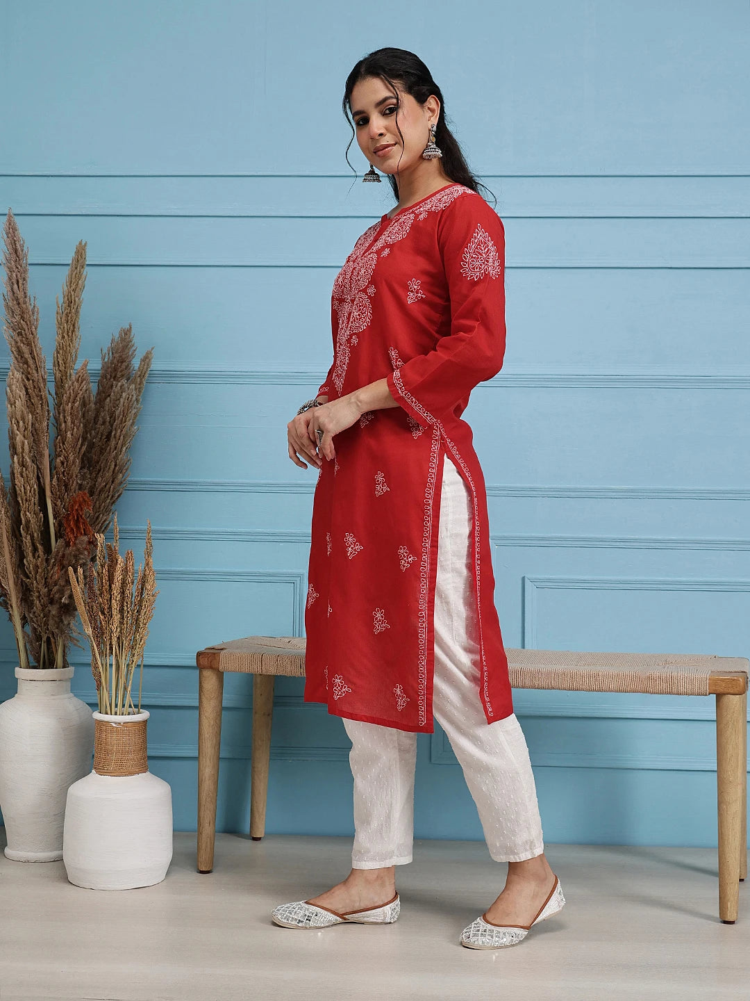 Ada Hand Embroidered Red Cotton Lucknowi Chikankari Straight Kurta A100353