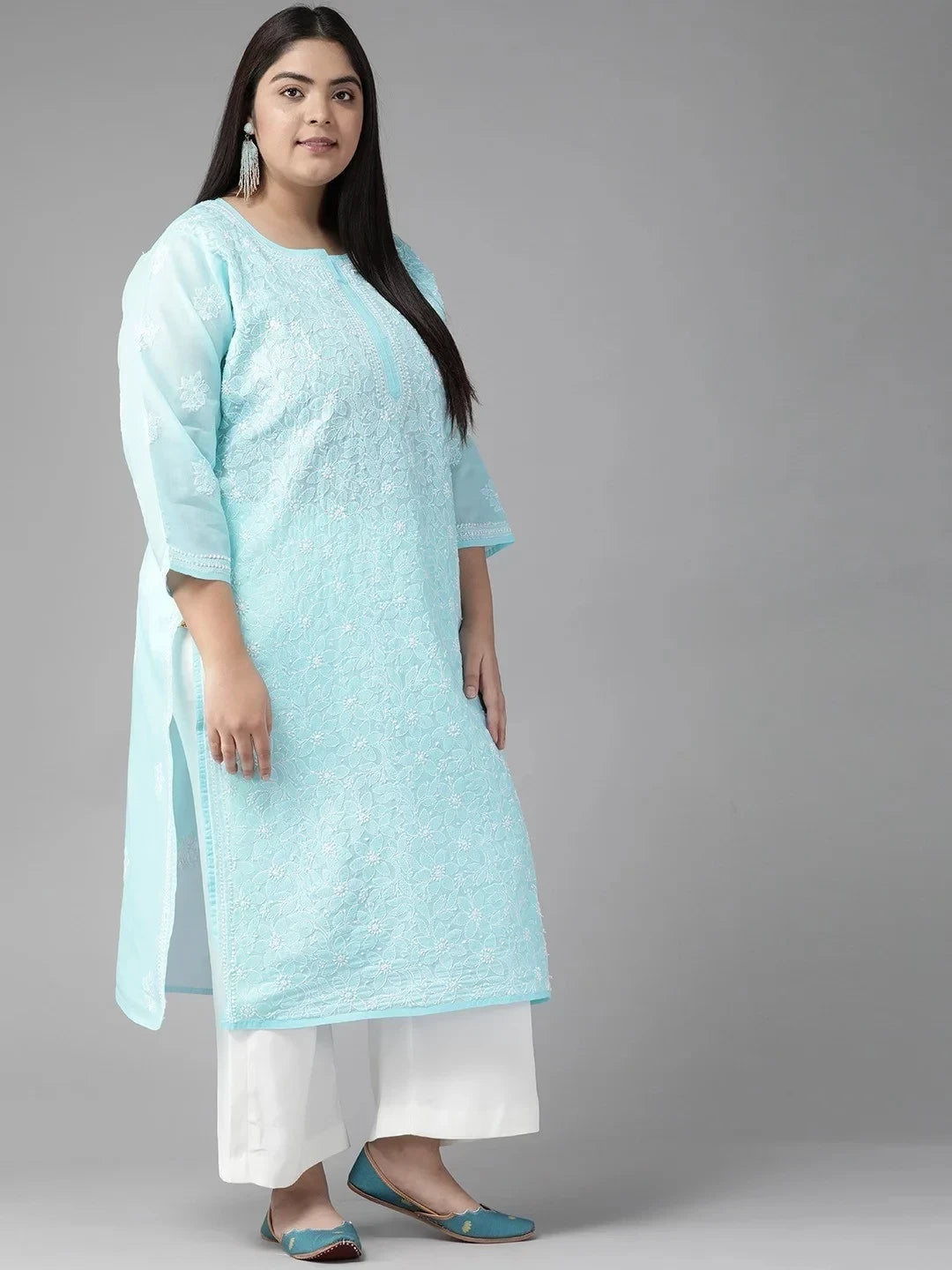 Ada Hand Embroidered Blue Cotton Lucknowi Chikankari Straight Kurta A411209