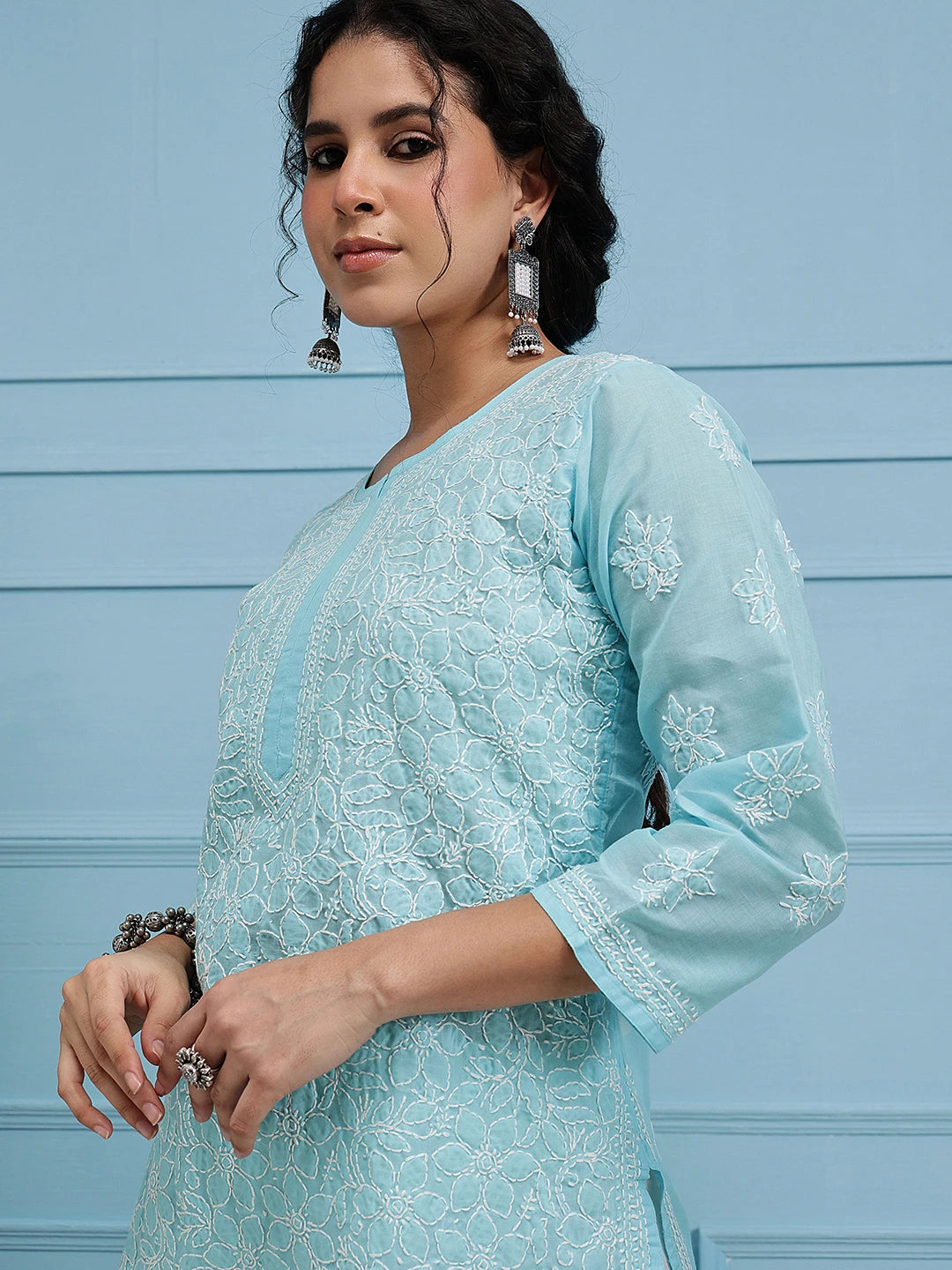Ada Hand Embroidered Blue Cotton Lucknowi Chikankari Straight Kurta A411209