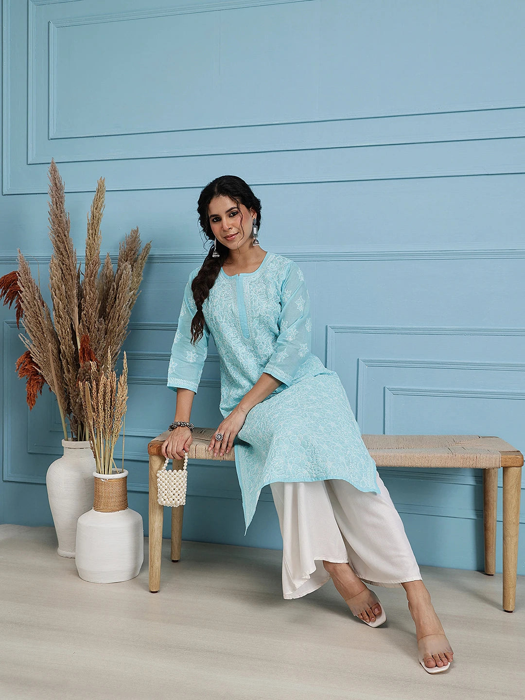 Ada Hand Embroidered Blue Cotton Lucknowi Chikankari Straight Kurta A411209