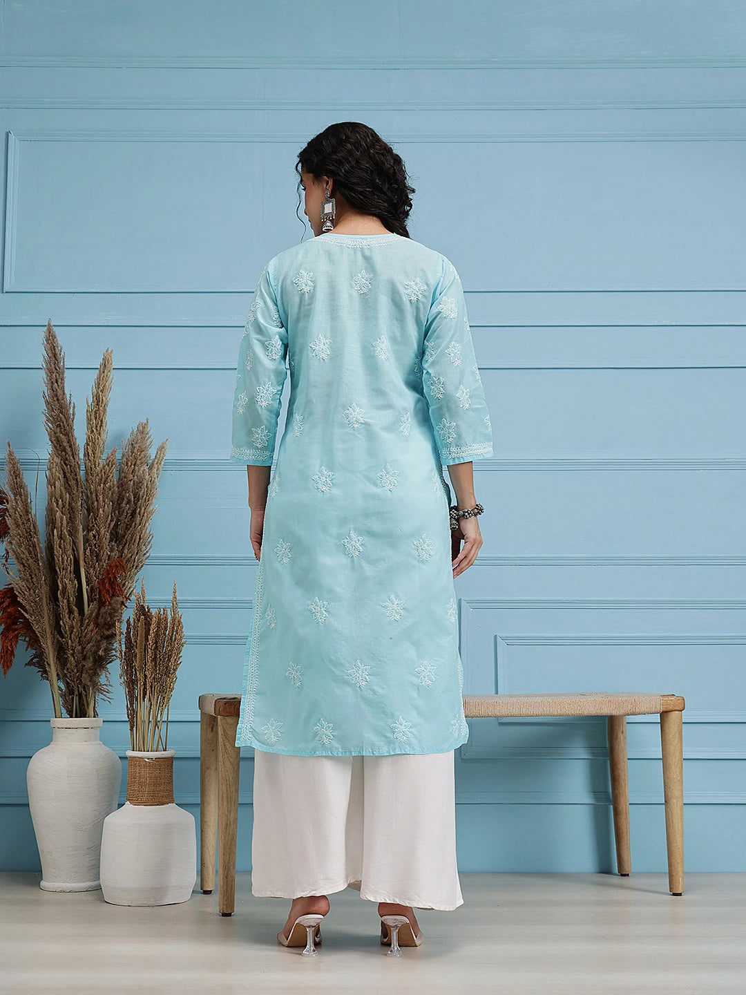 Ada Hand Embroidered Blue Cotton Lucknowi Chikankari Straight Kurta A411209