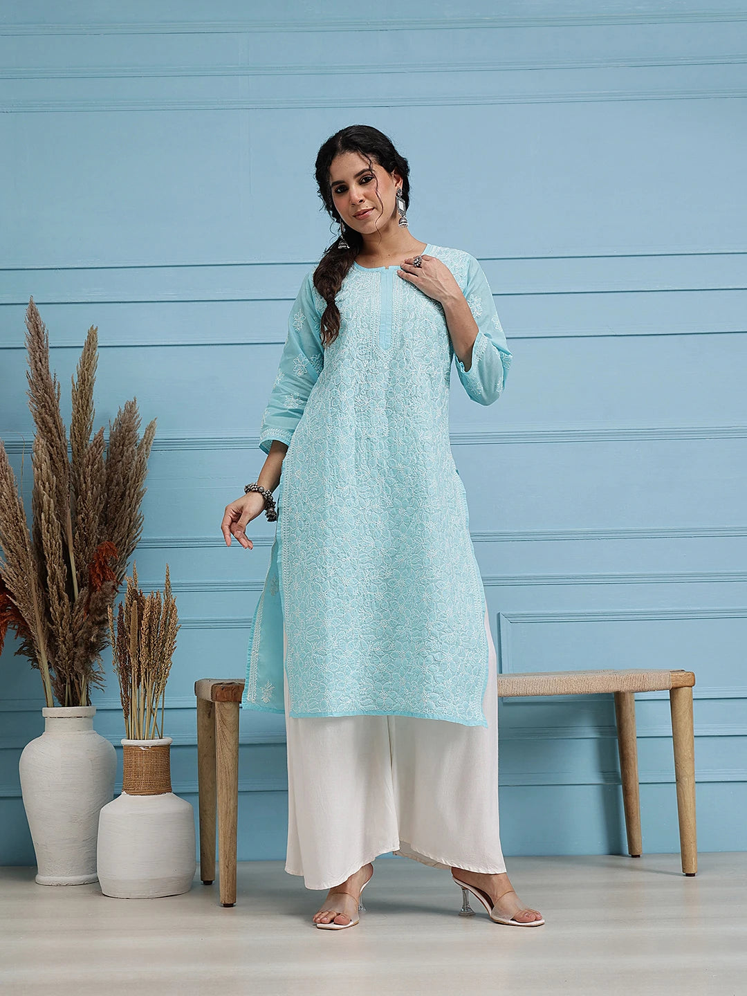 Ada Hand Embroidered Blue Cotton Lucknowi Chikankari Straight Kurta A411209