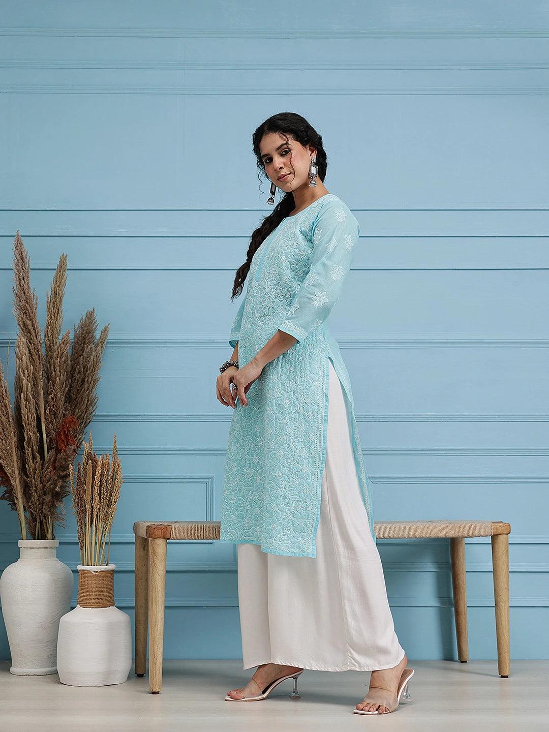 Ada Hand Embroidered Blue Cotton Lucknowi Chikankari Straight Kurta A411209