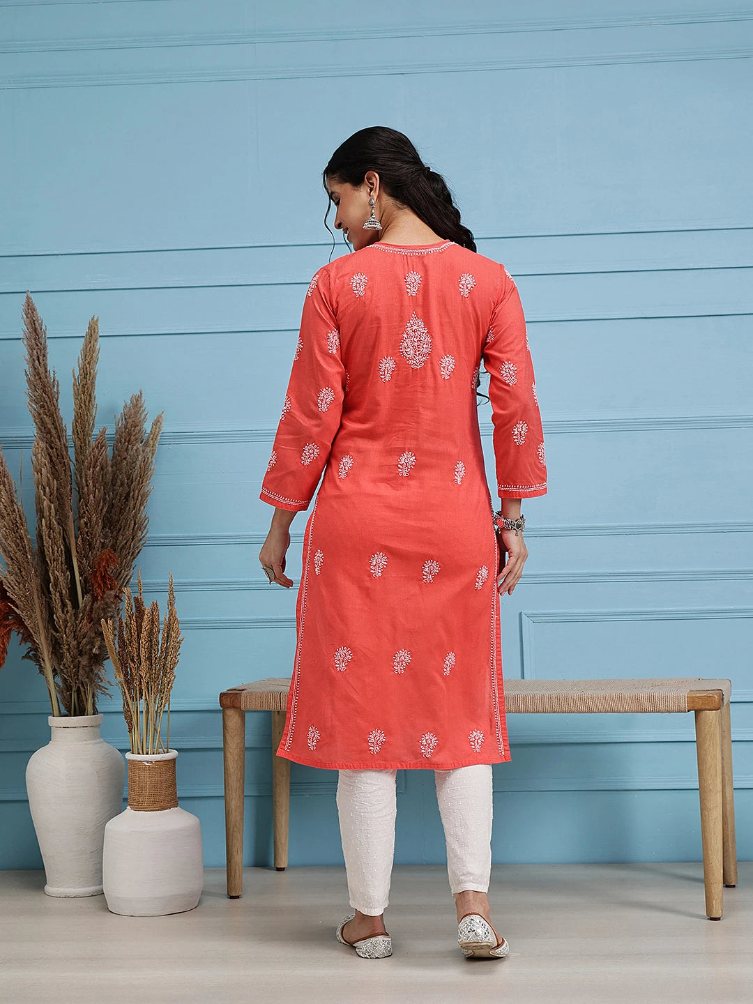 Ada Hand Embroidered Carrot Pink Cotton Lucknow Chikan Kurta A100470