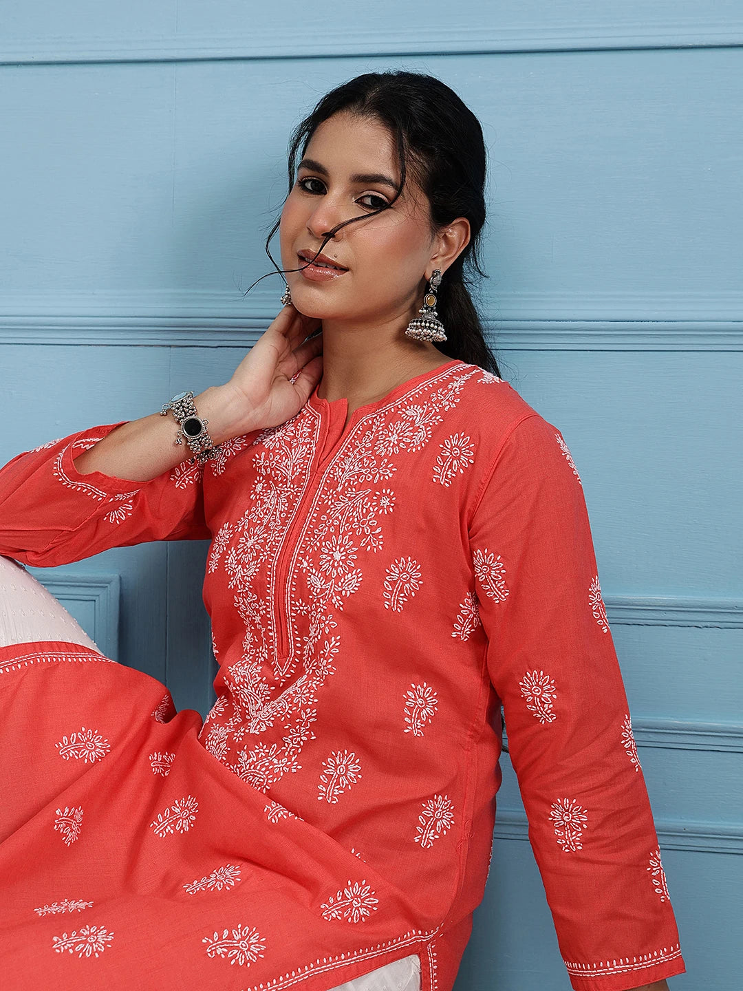 Ada Hand Embroidered Carrot Pink Cotton Lucknow Chikan Kurta A100470