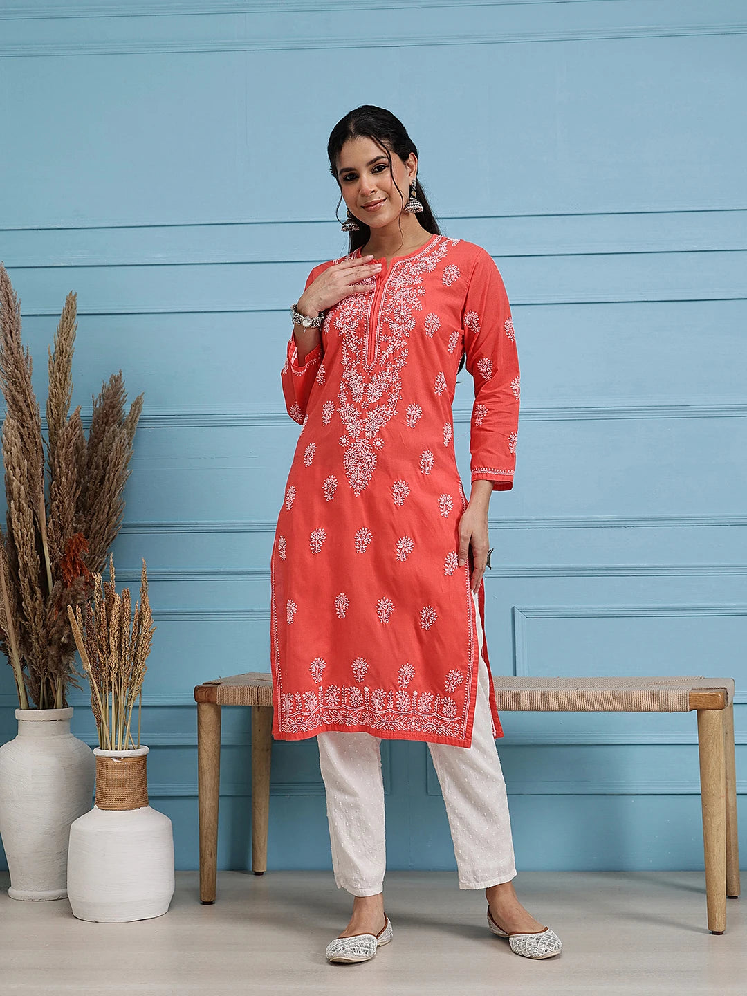 Ada Hand Embroidered Carrot Pink Cotton Lucknow Chikan Kurta A100470