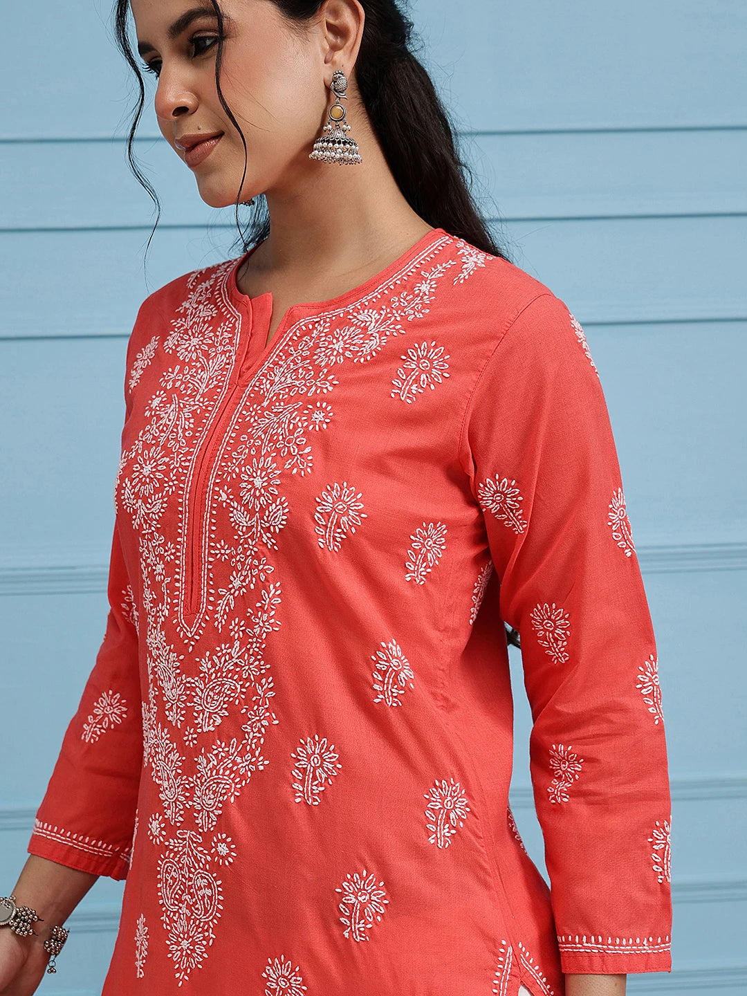 Ada Hand Embroidered Carrot Pink Cotton Lucknow Chikan Kurta A100470