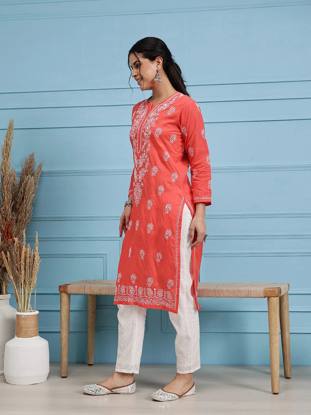 Ada Hand Embroidered Carrot Pink Cotton Lucknow Chikan Kurta A100470