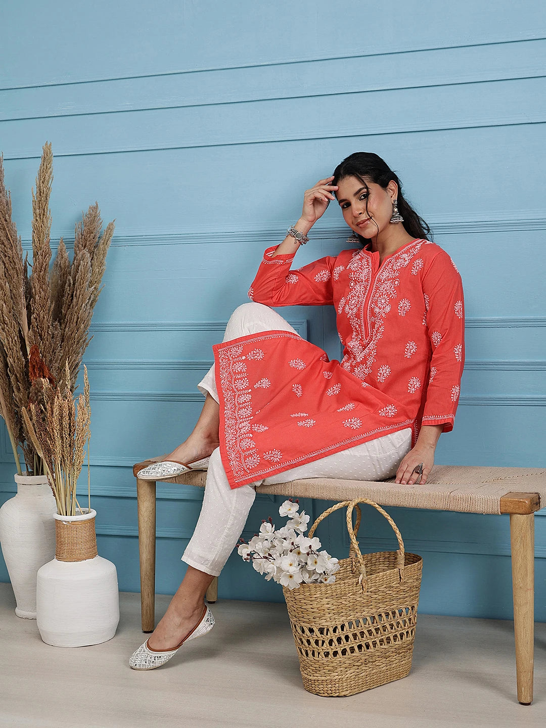 Ada Hand Embroidered Carrot Pink Cotton Lucknow Chikan Kurta A100470